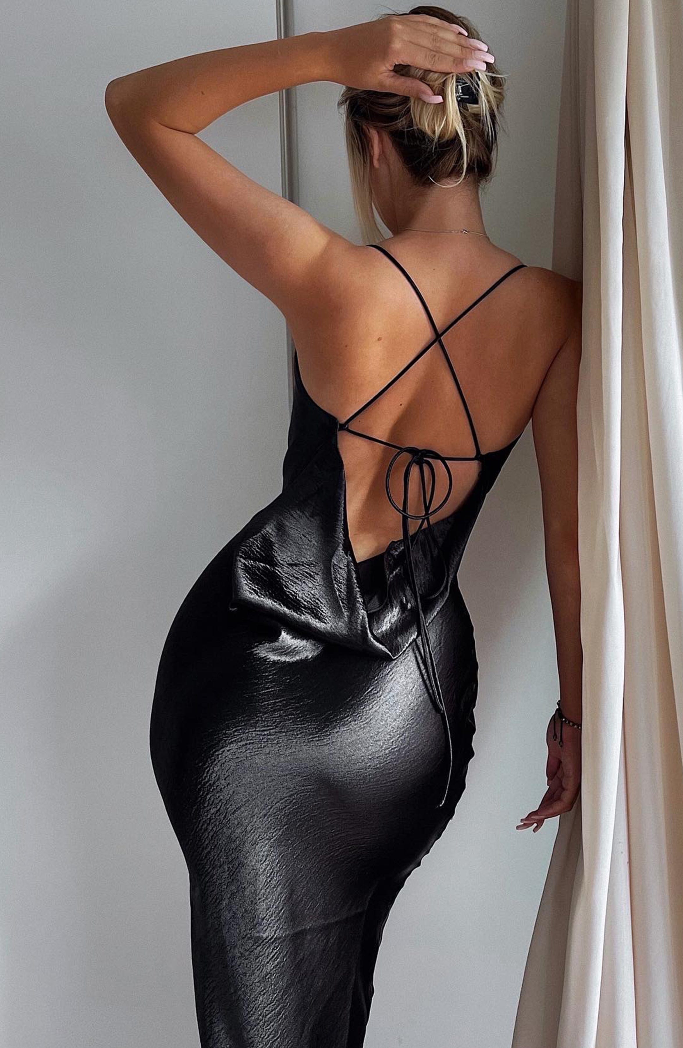 Leilani Black Satin Backless Maxi Dress with Cowl Neck