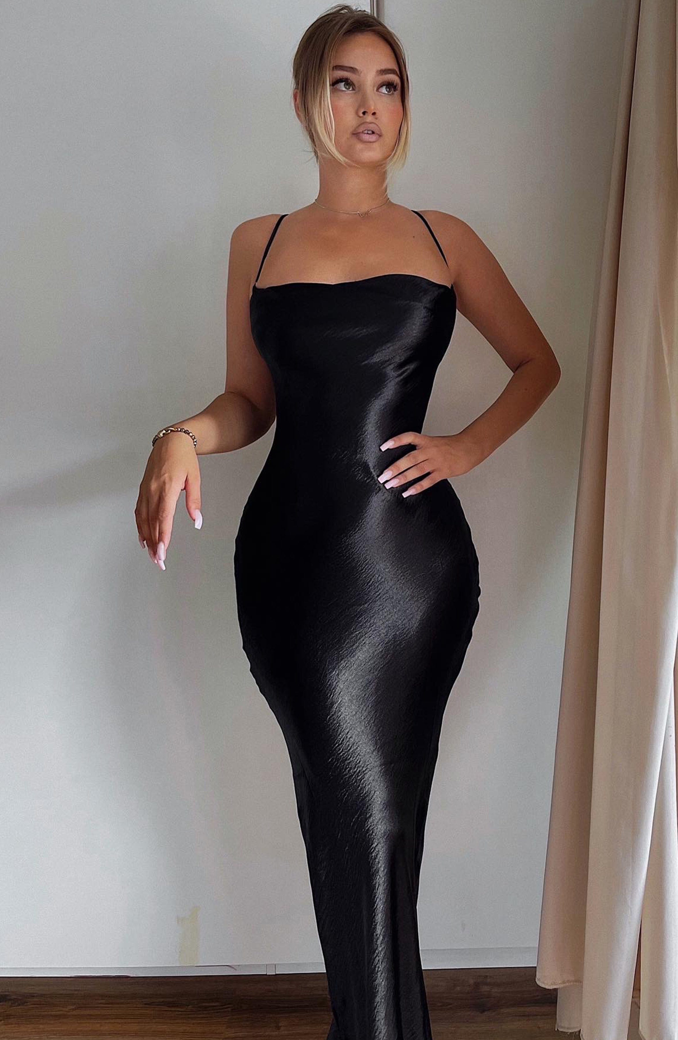 Leilani Black Satin Backless Maxi Dress with Cowl Neck