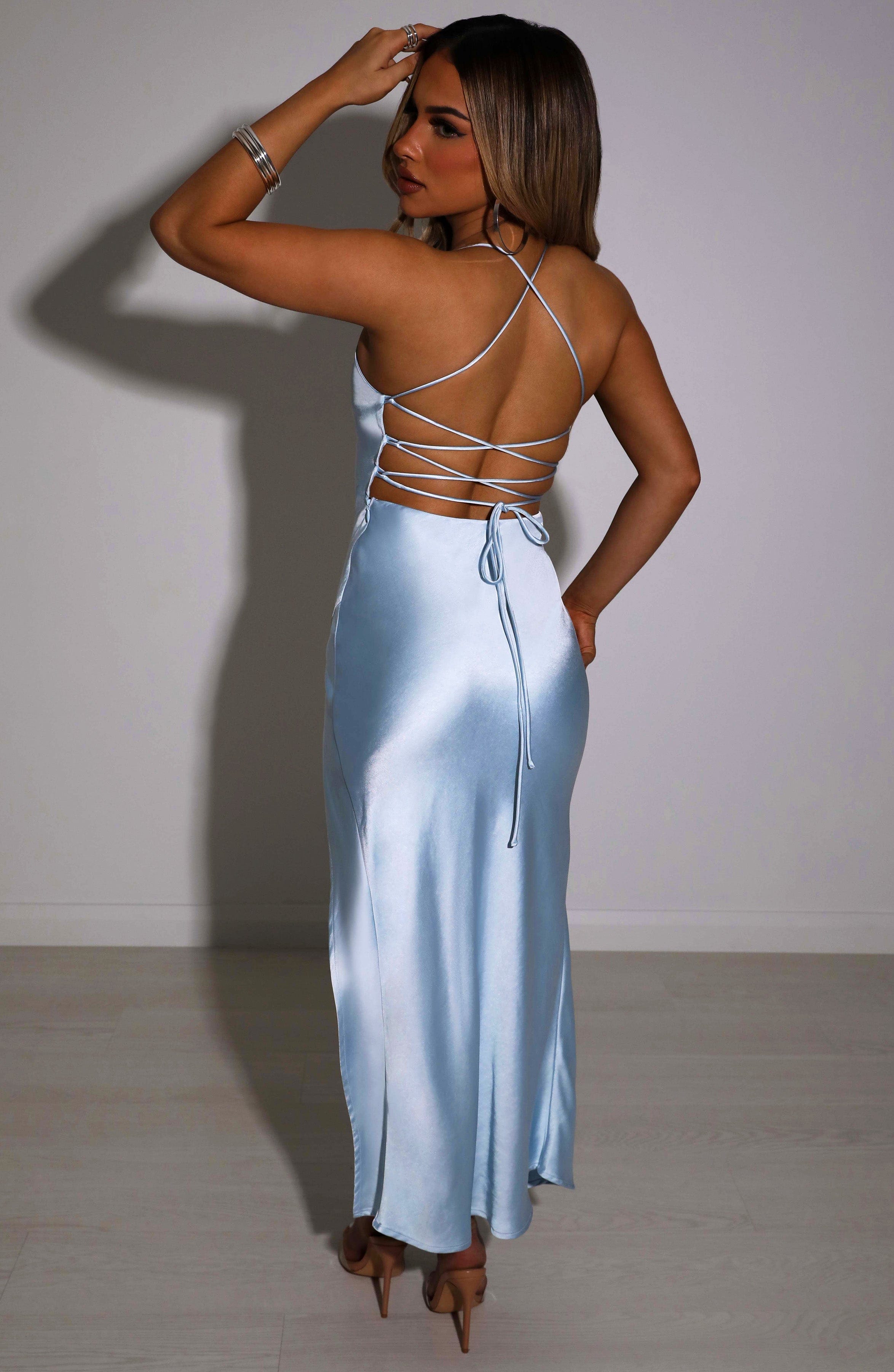 Baby Blue Satin Cia Midi Dress with Strappy Back Detail