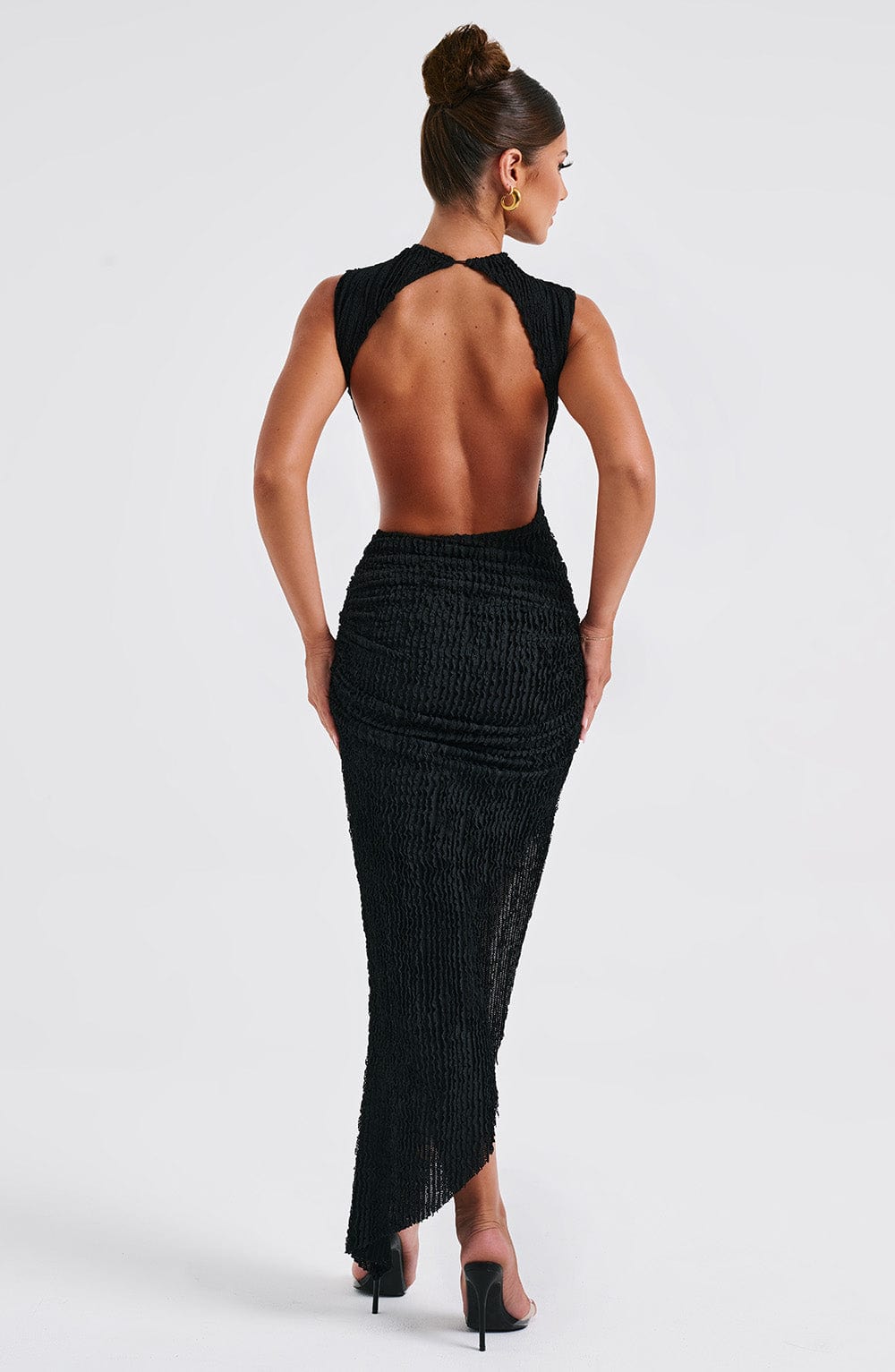 Aphrodite Black Midi Dress with Open Back & Thigh Split