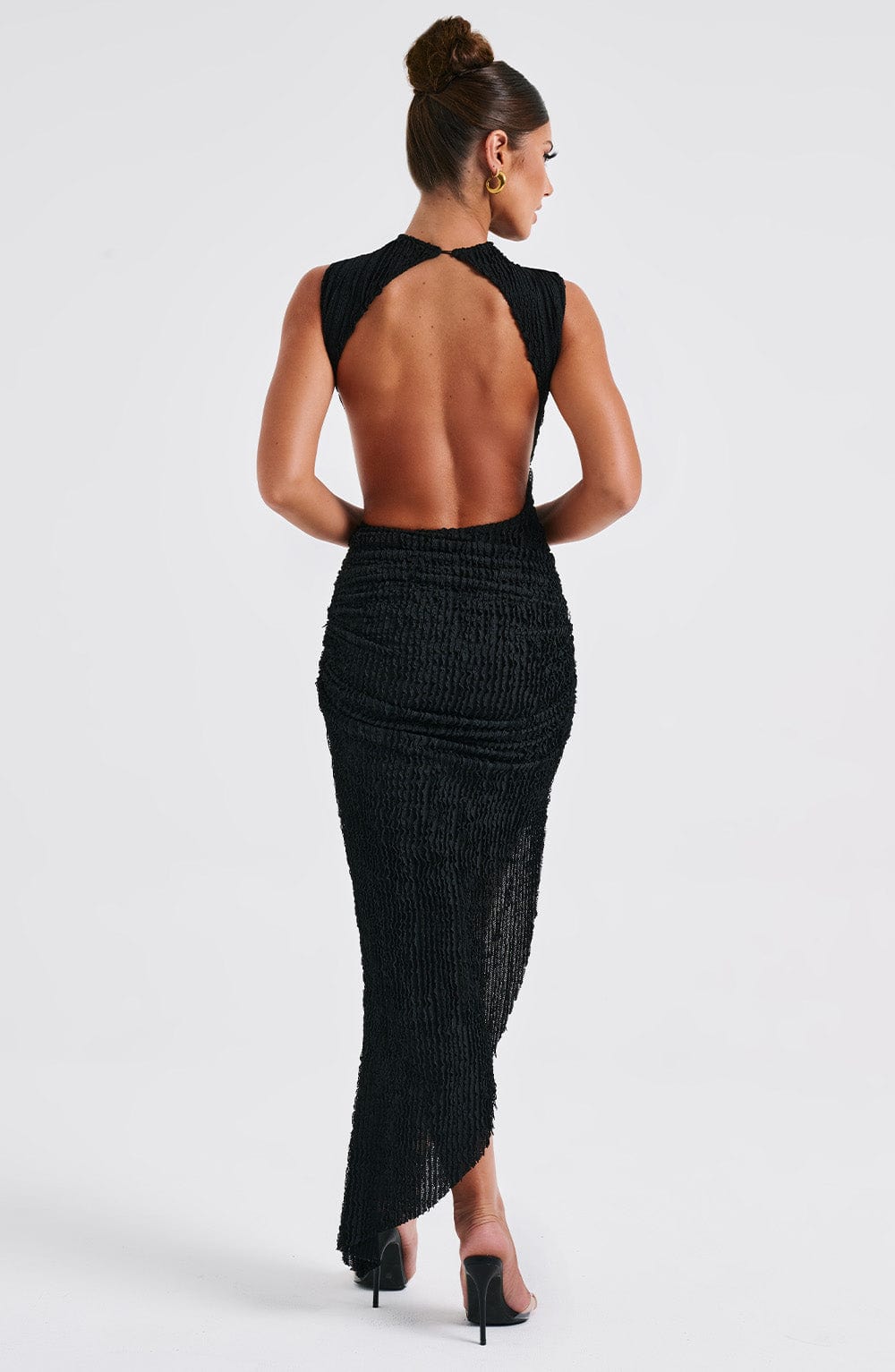 Aphrodite Black Midi Dress with Open Back & Thigh Split