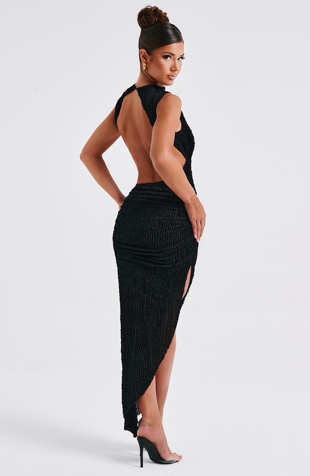 Aphrodite Black Midi Dress with Open Back & Thigh Split