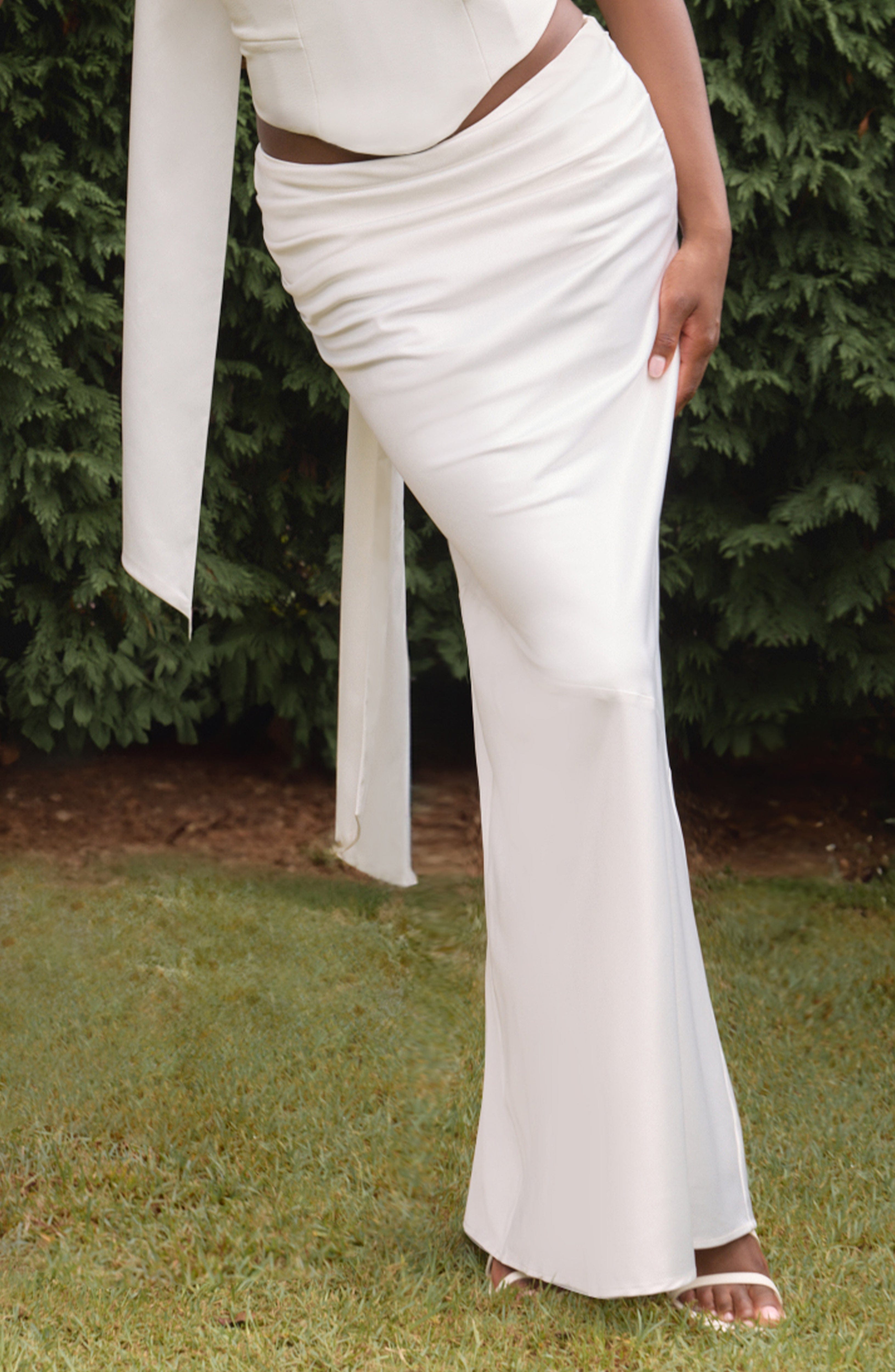 Bernadette Ivory Satin Maxi Skirt with Pleat Detail