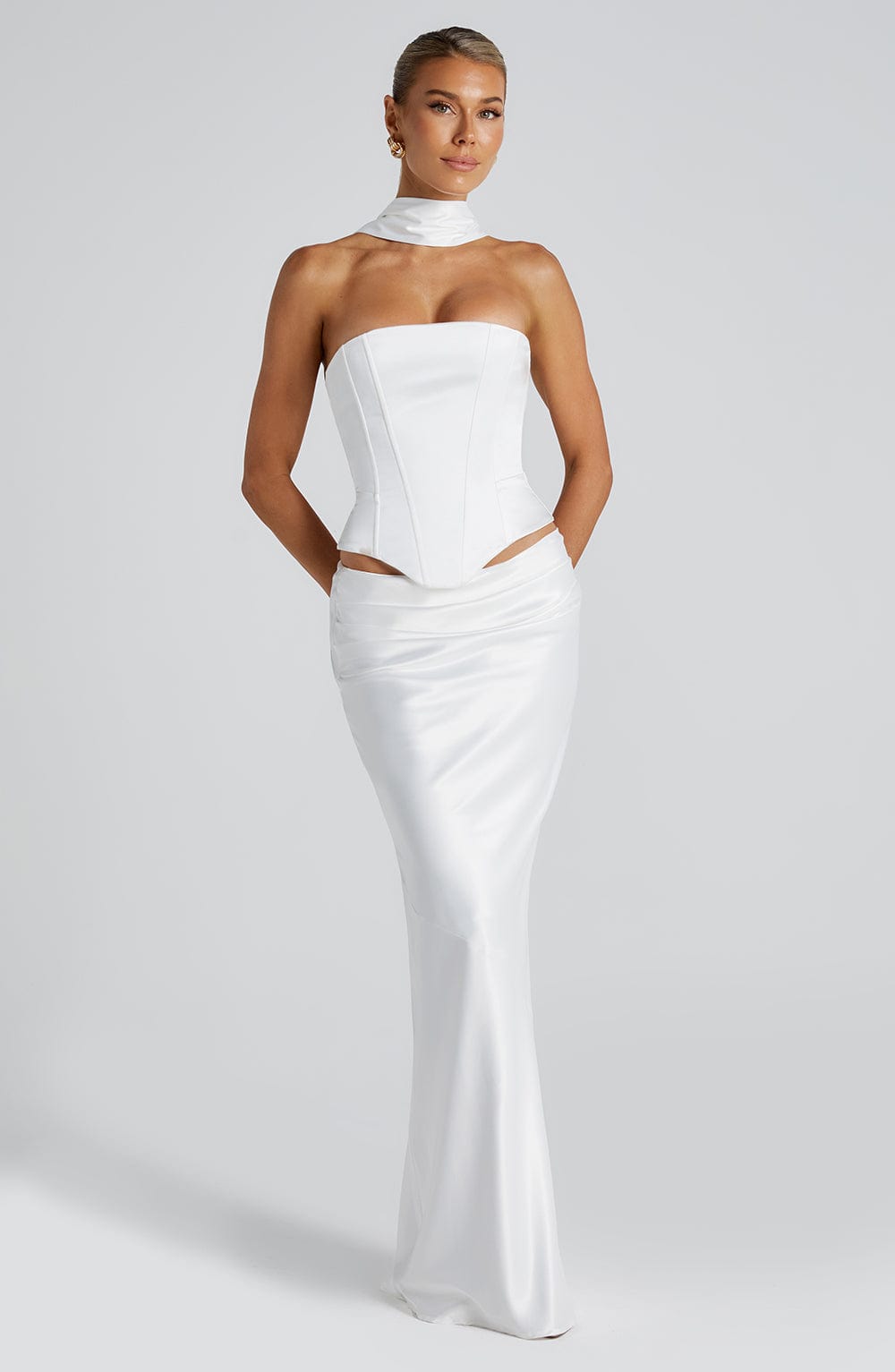 Bernadette Ivory Satin Maxi Skirt with Pleat Detail