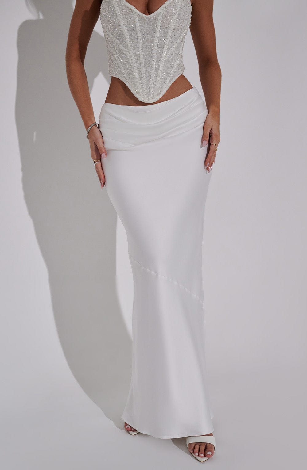 Bernadette Ivory Satin Maxi Skirt with Pleat Detail