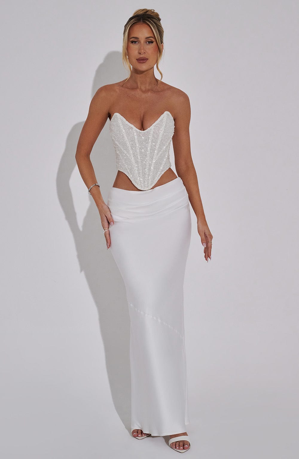 Bernadette Ivory Satin Maxi Skirt with Pleat Detail