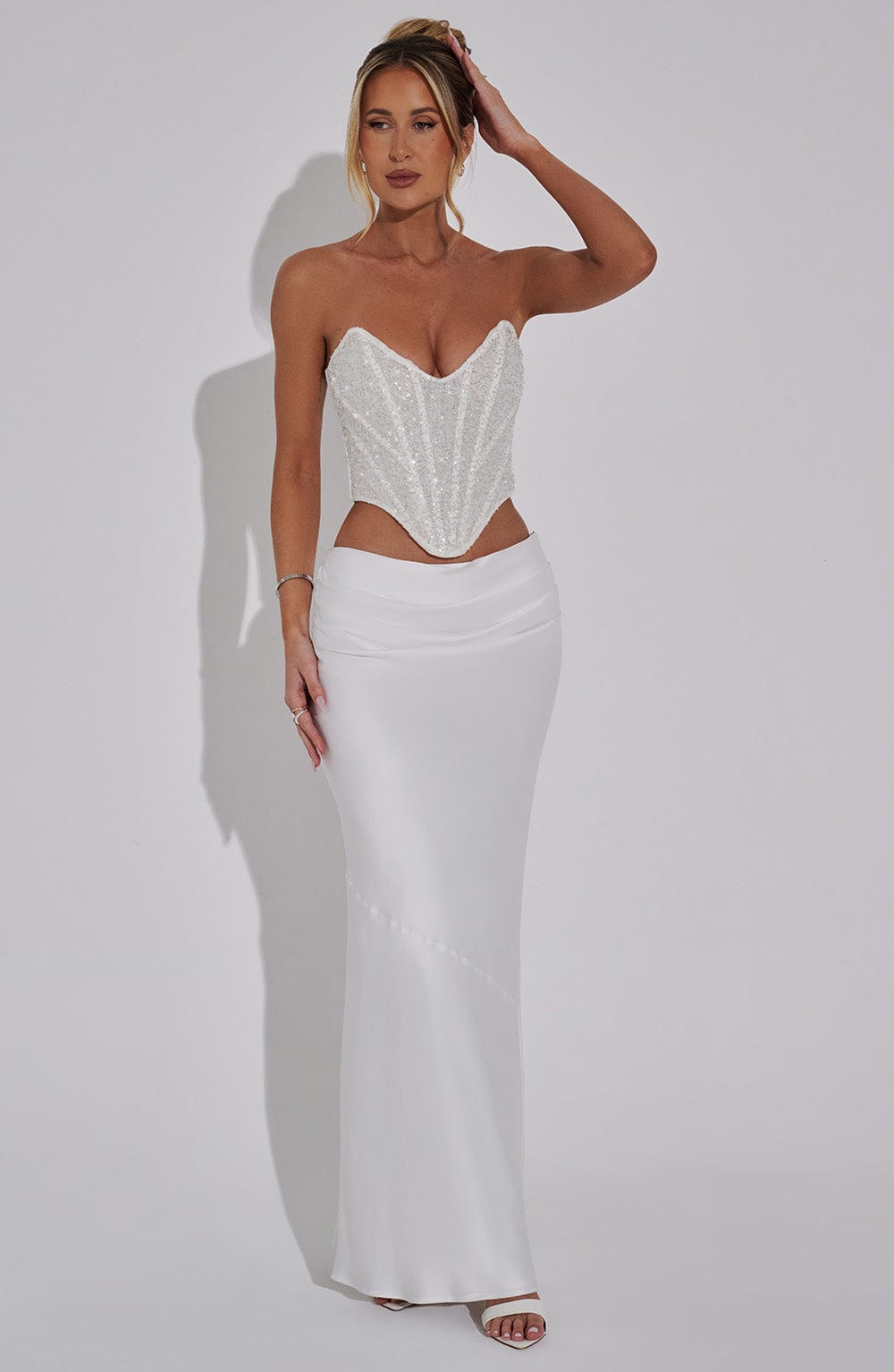 Bernadette Ivory Satin Maxi Skirt with Pleat Detail