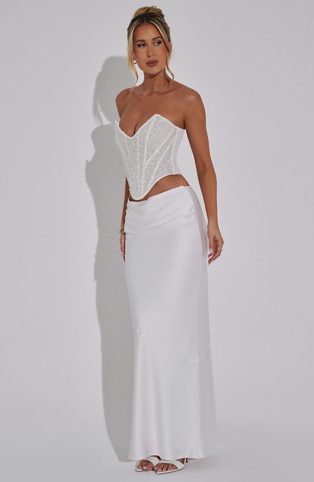 Bernadette Ivory Satin Maxi Skirt with Pleat Detail