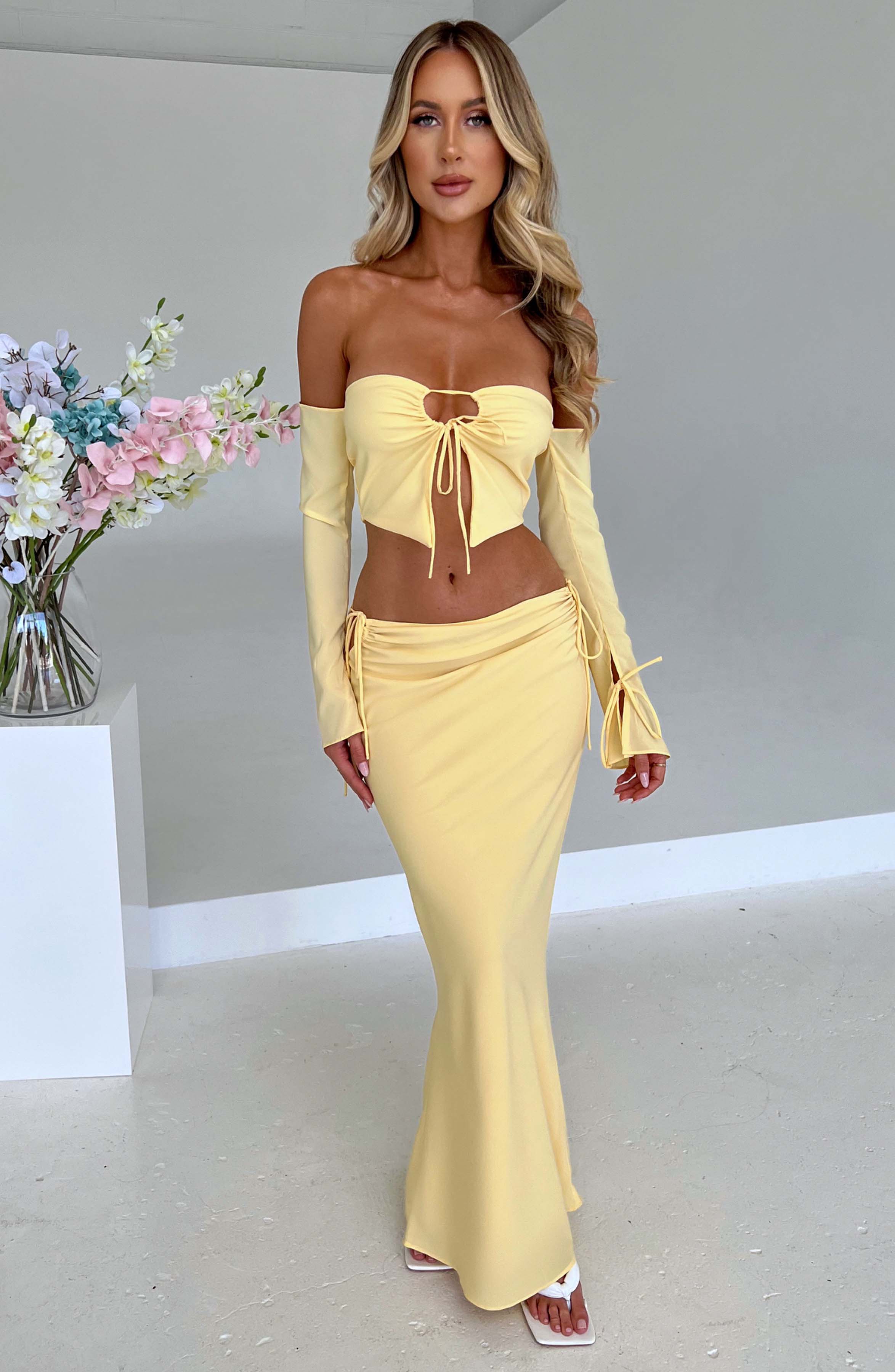 Tana Maxi Skirt in Lemon - Flowy Georgette Satin with Tie Detail
