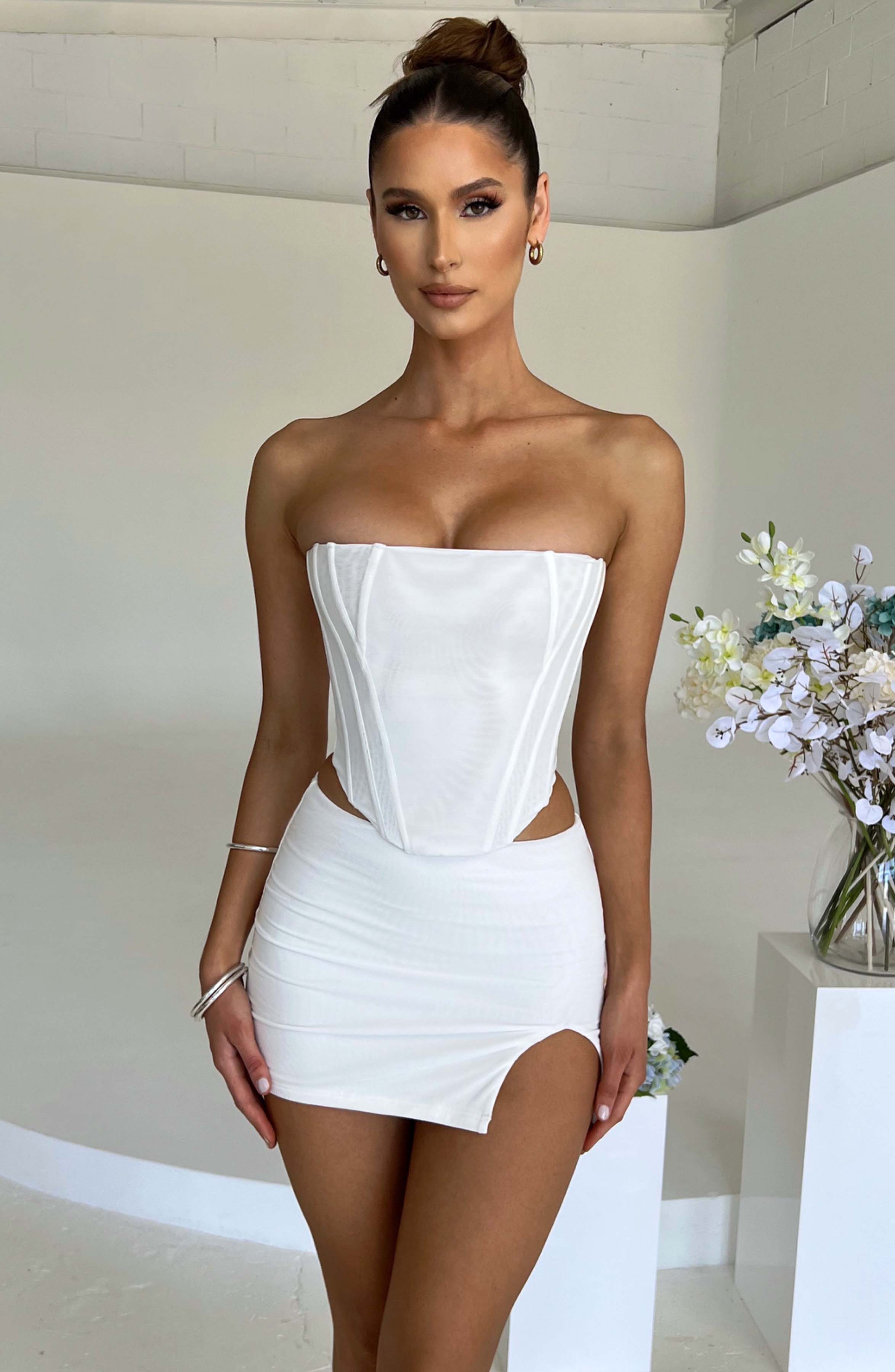 White Alina Low Waist Mini Skirt with Split - Soft Jersey