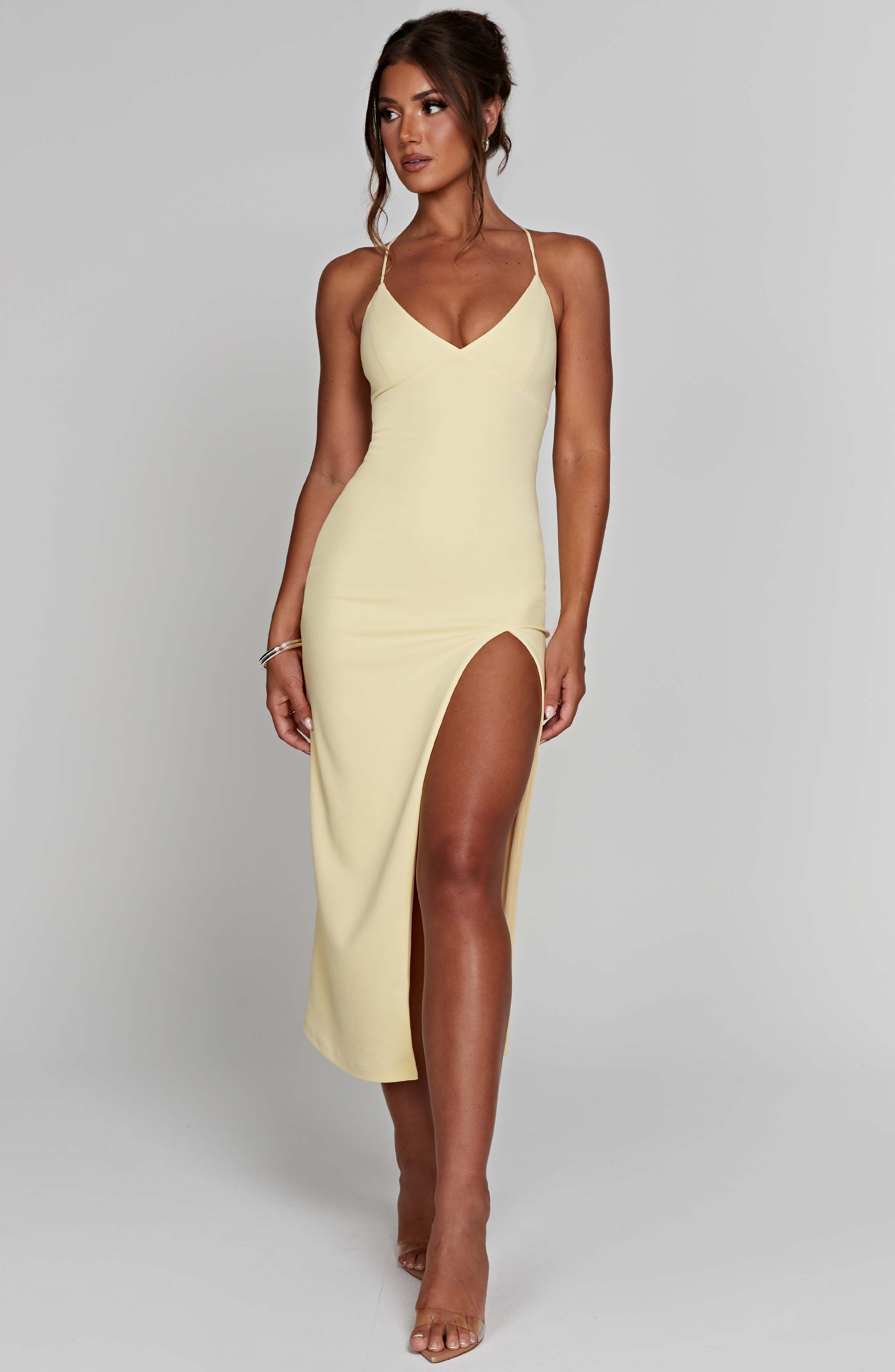 Kiana Midi Dress with V-Neck & Thigh Split - Lemon