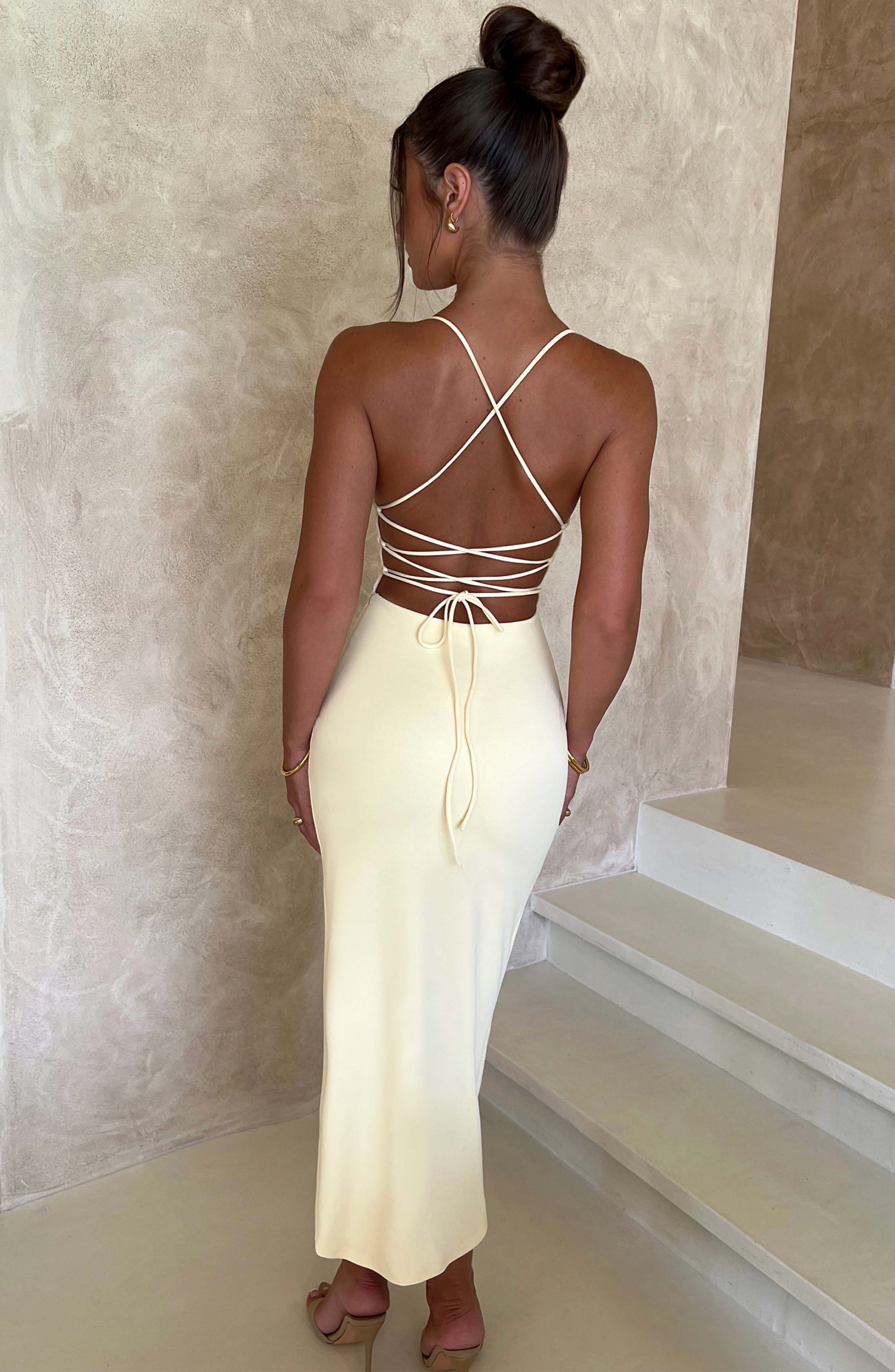 Kiana Midi Dress with V-Neck & Thigh Split - Lemon