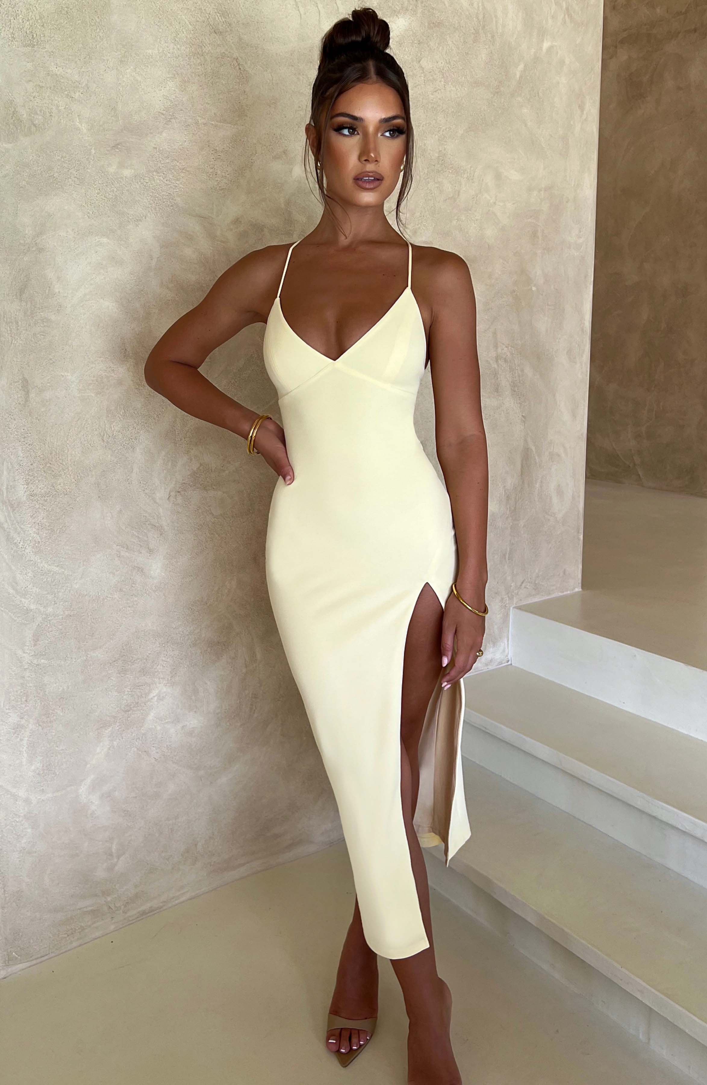 Kiana Midi Dress with V-Neck & Thigh Split - Lemon