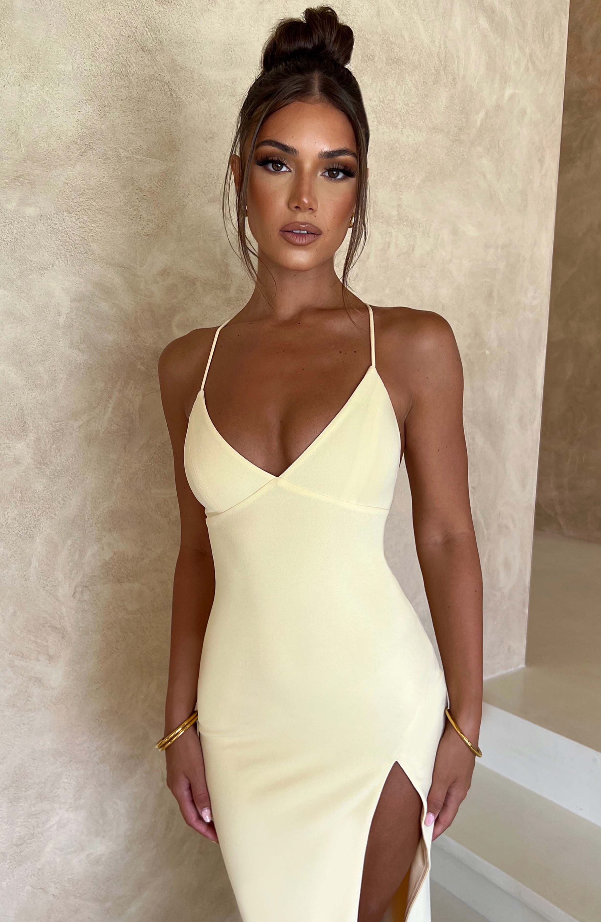Kiana Midi Dress with V-Neck & Thigh Split - Lemon