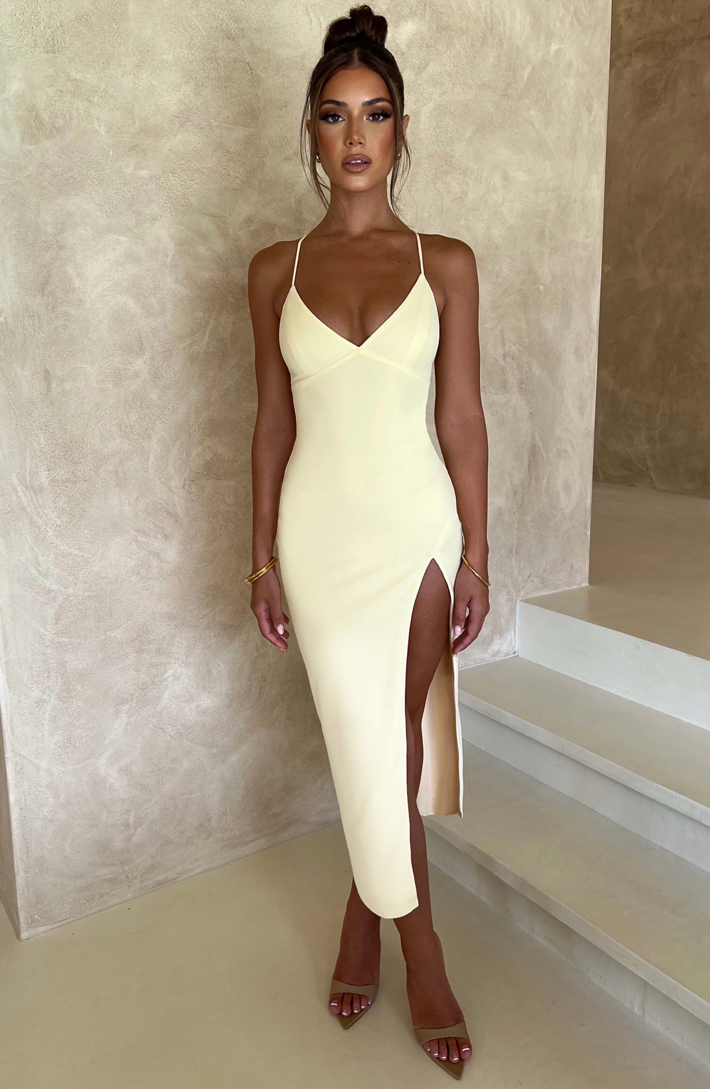Kiana Midi Dress with V-Neck & Thigh Split - Lemon