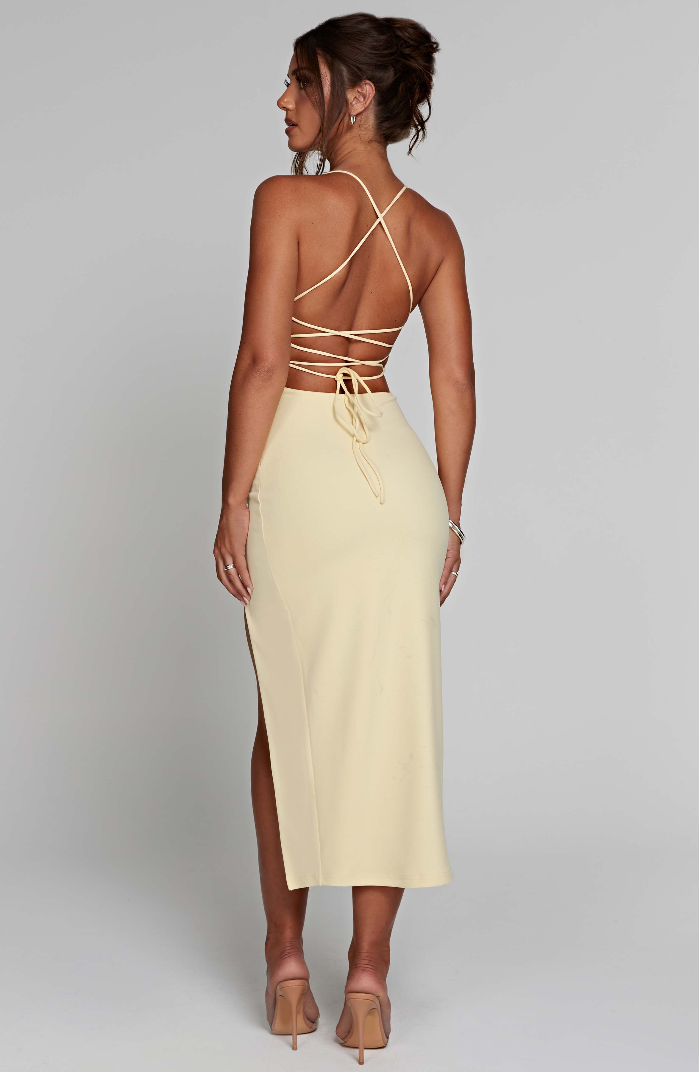 Kiana Midi Dress with V-Neck & Thigh Split - Lemon