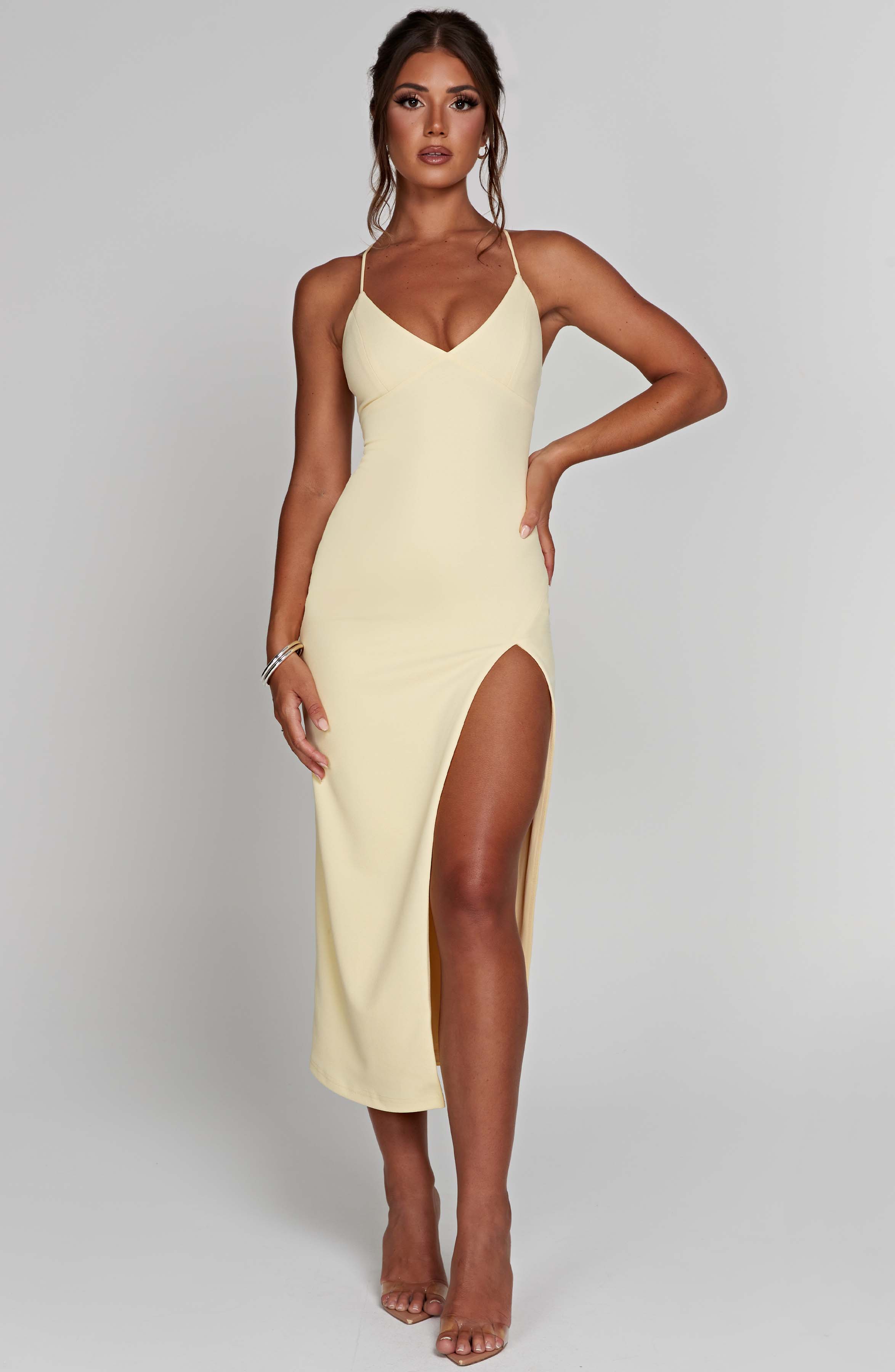 Kiana Midi Dress with V-Neck & Thigh Split - Lemon