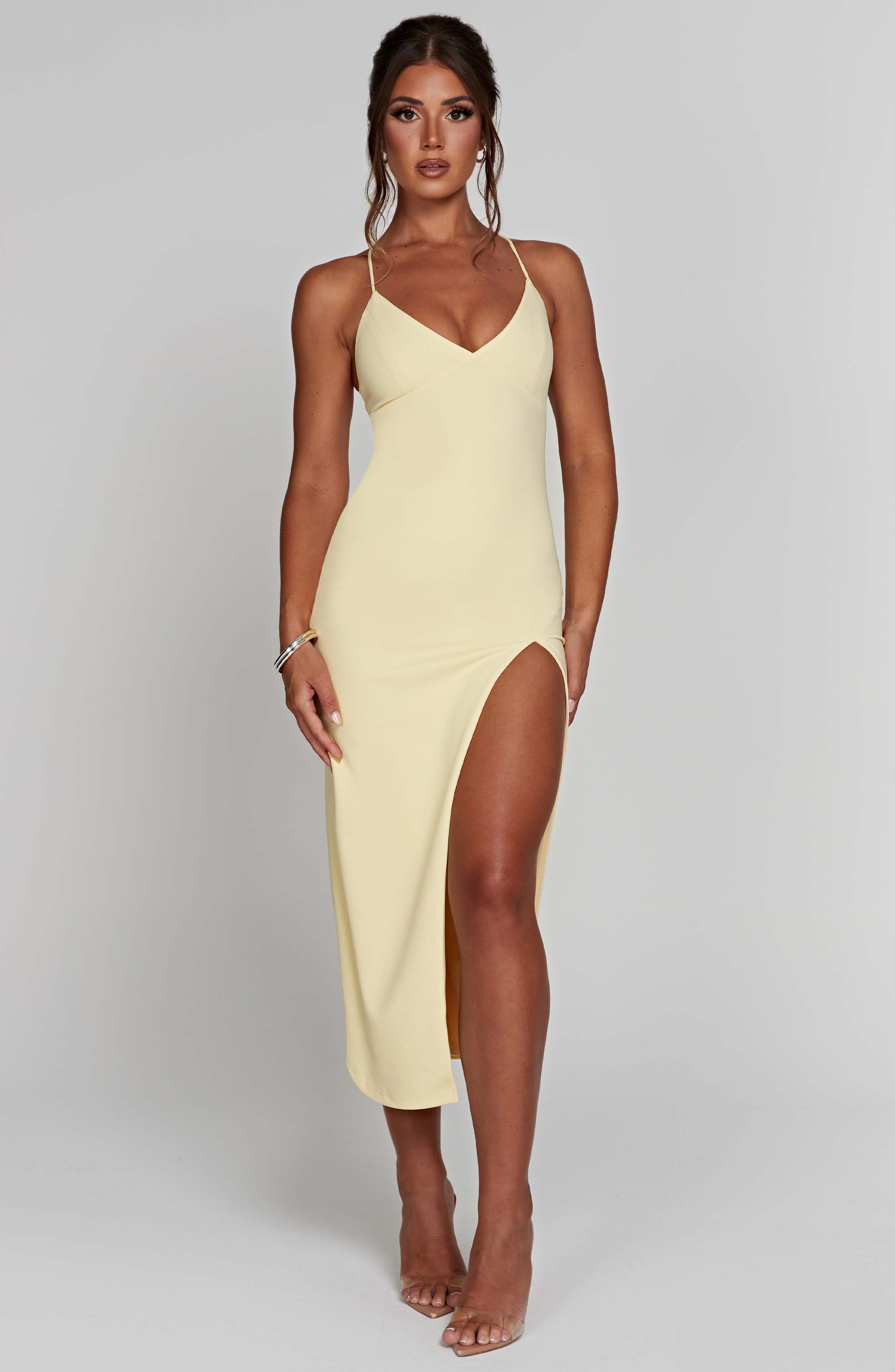 Kiana Midi Dress with V-Neck & Thigh Split - Lemon
