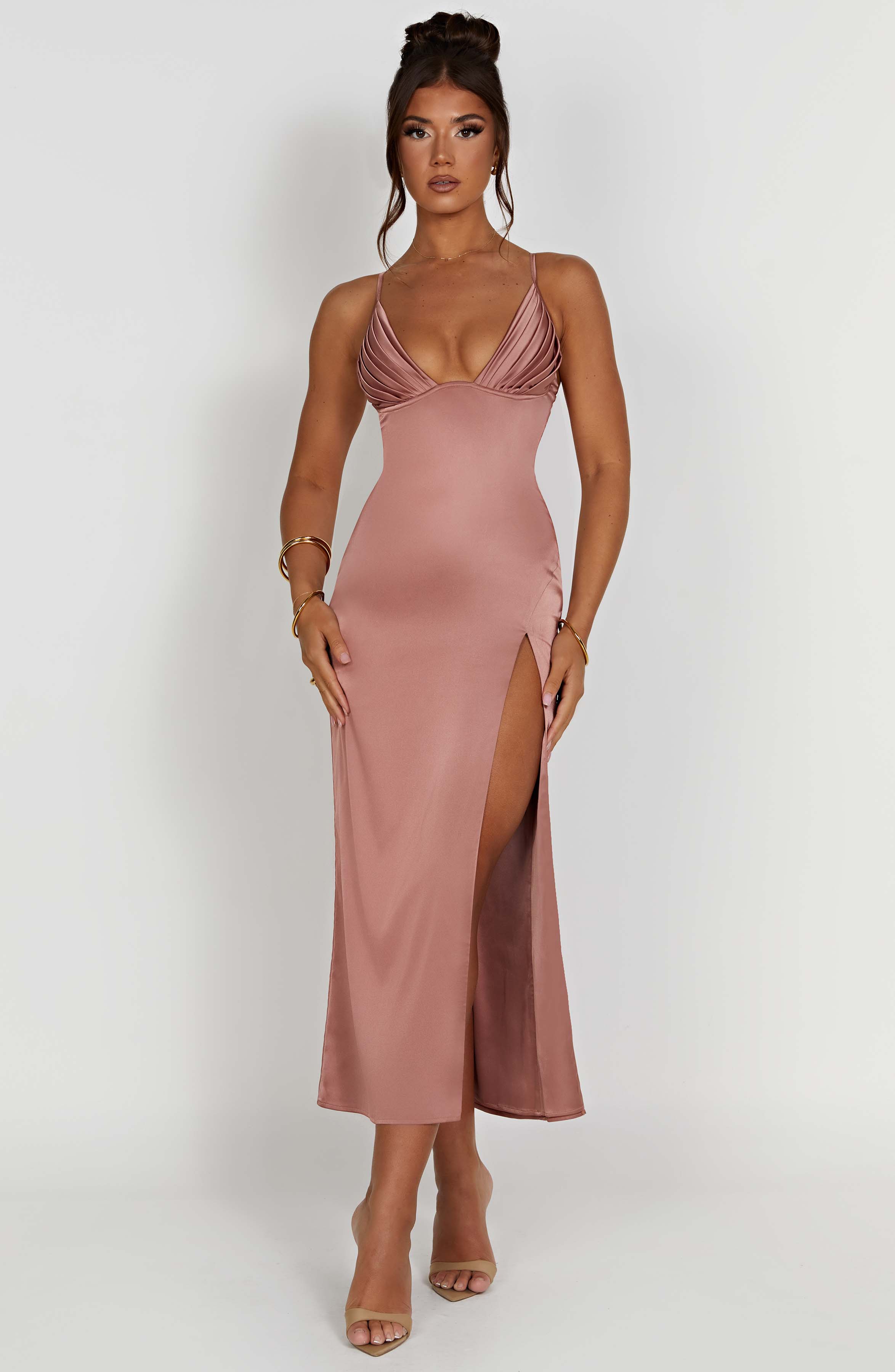 Rose Pink Cece Midi Dress with Plunge Neck & Thigh Split