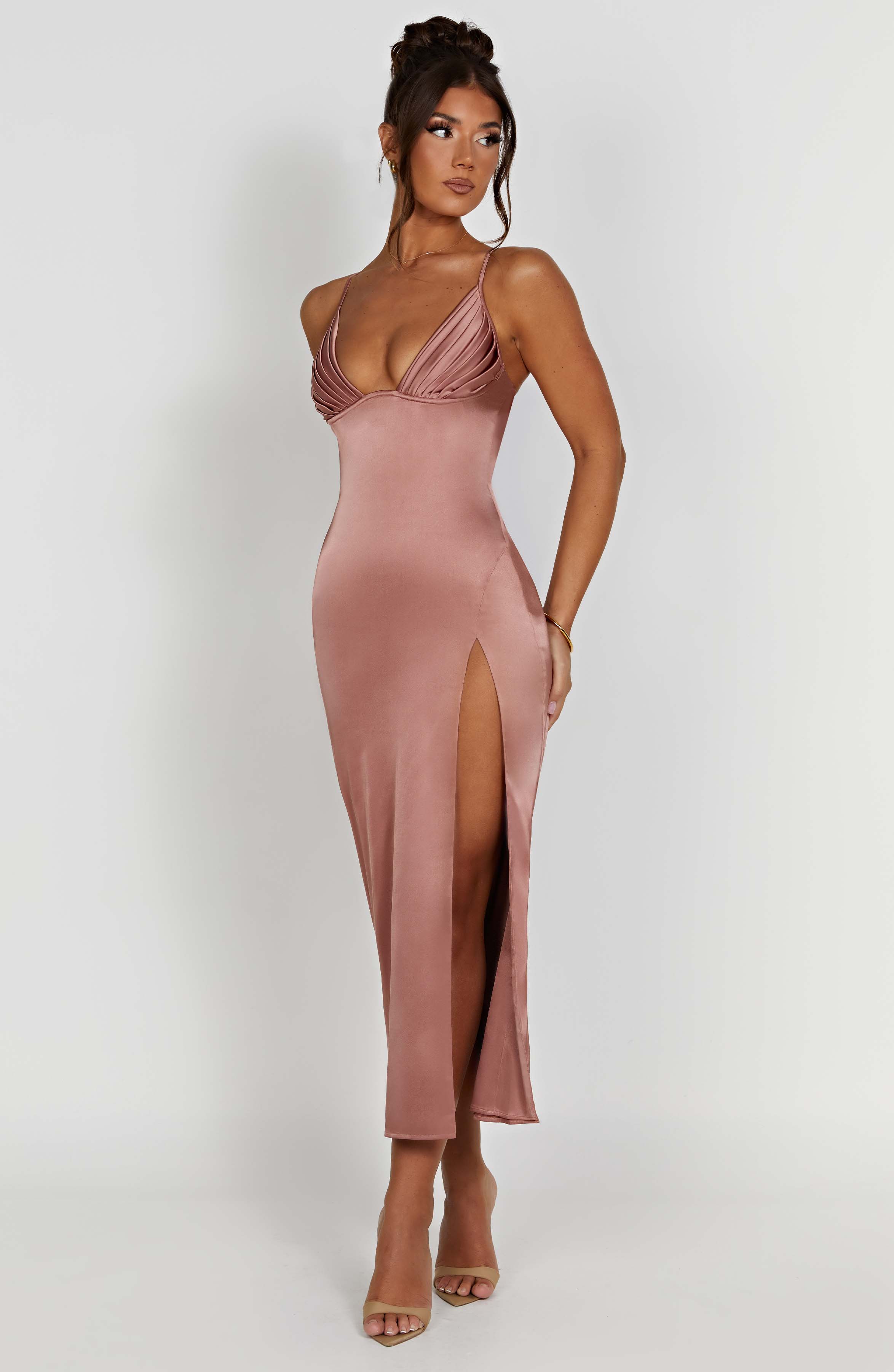 Rose Pink Cece Midi Dress with Plunge Neck & Thigh Split