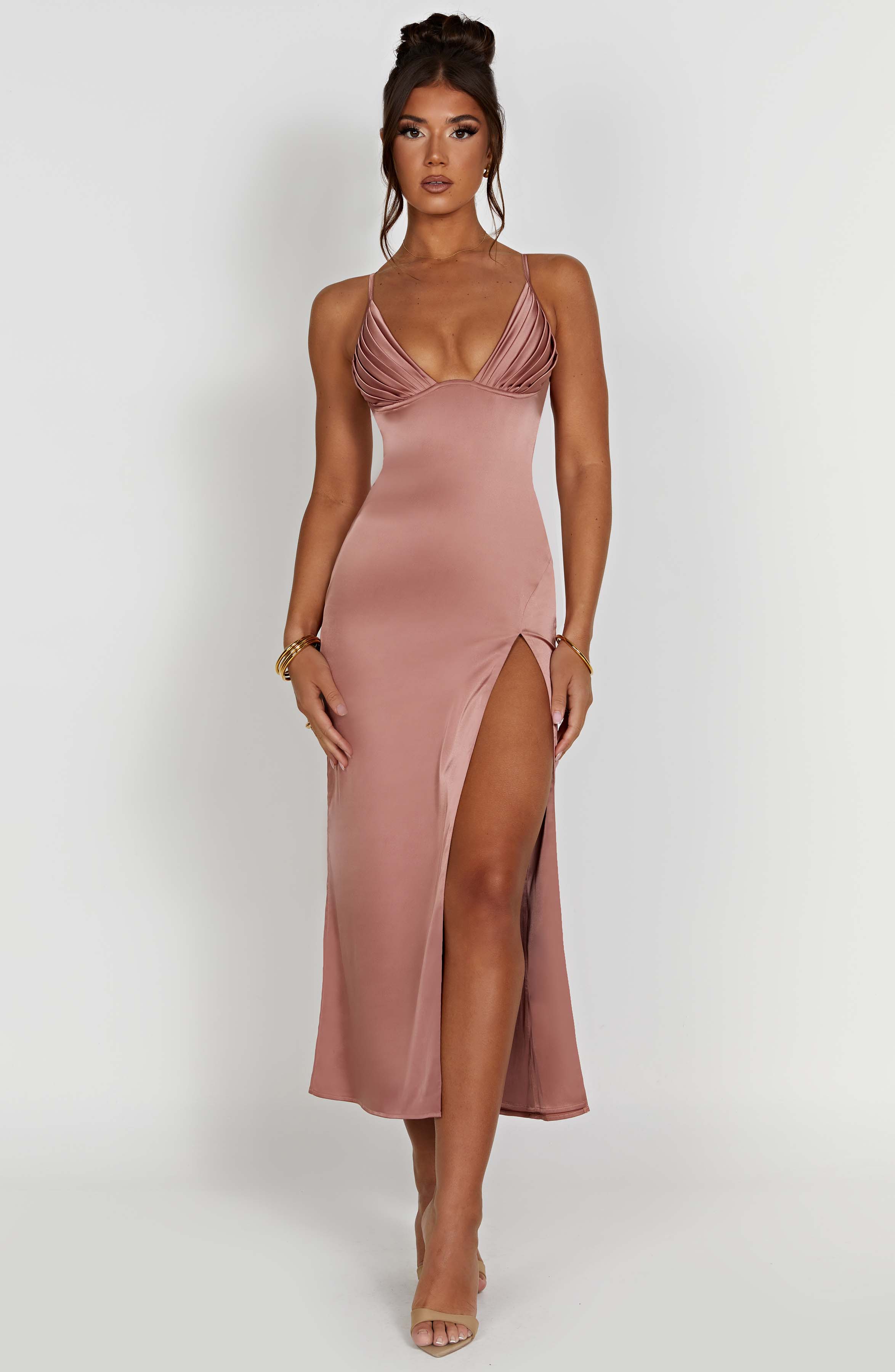Rose Pink Cece Midi Dress with Plunge Neck & Thigh Split