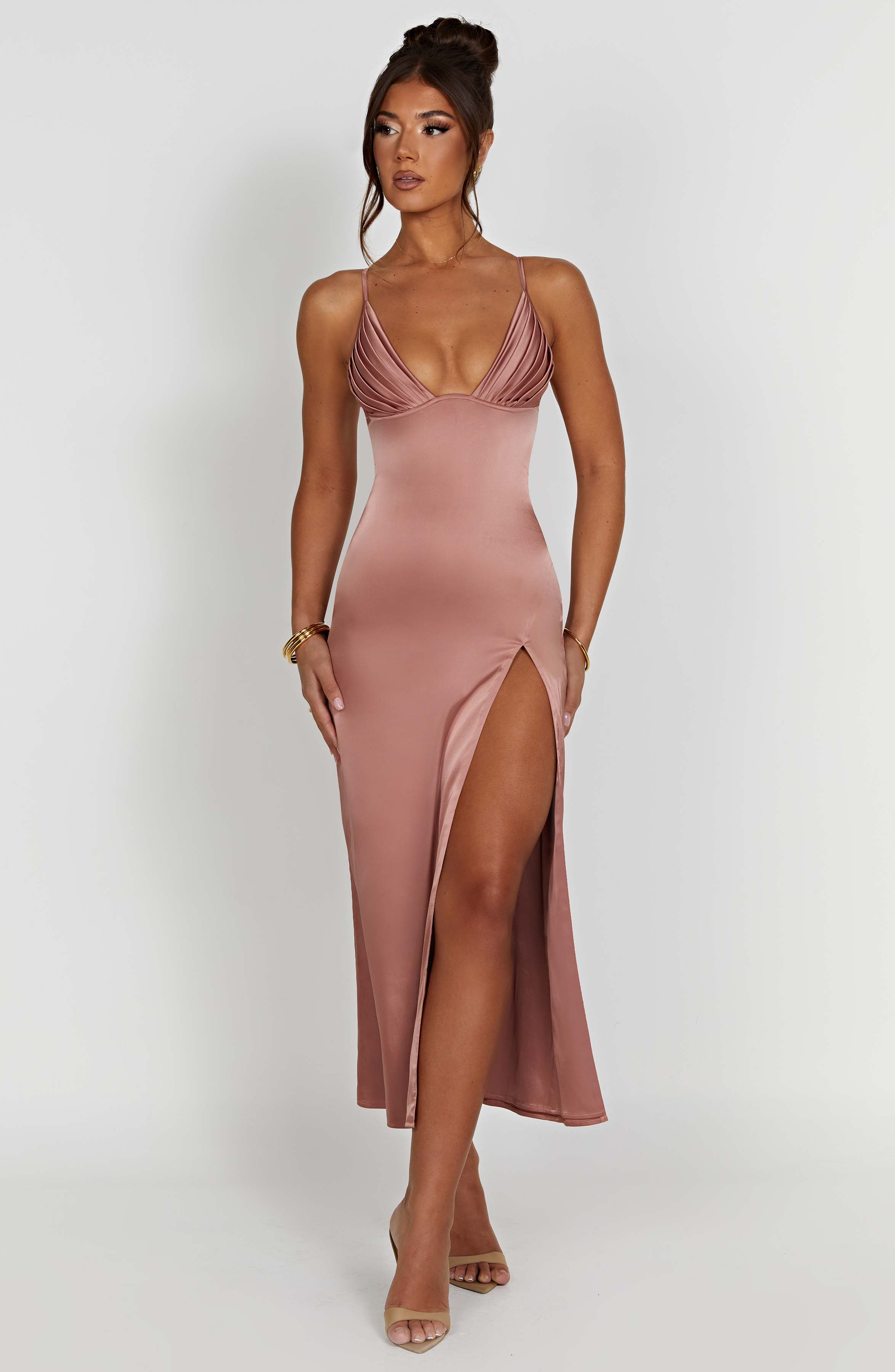 Rose Pink Cece Midi Dress with Plunge Neck & Thigh Split