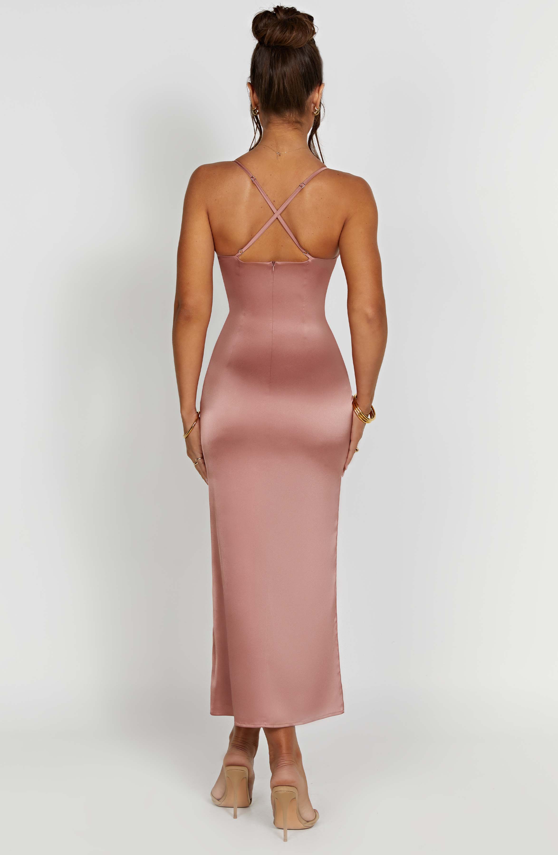 Rose Pink Cece Midi Dress with Plunge Neck & Thigh Split