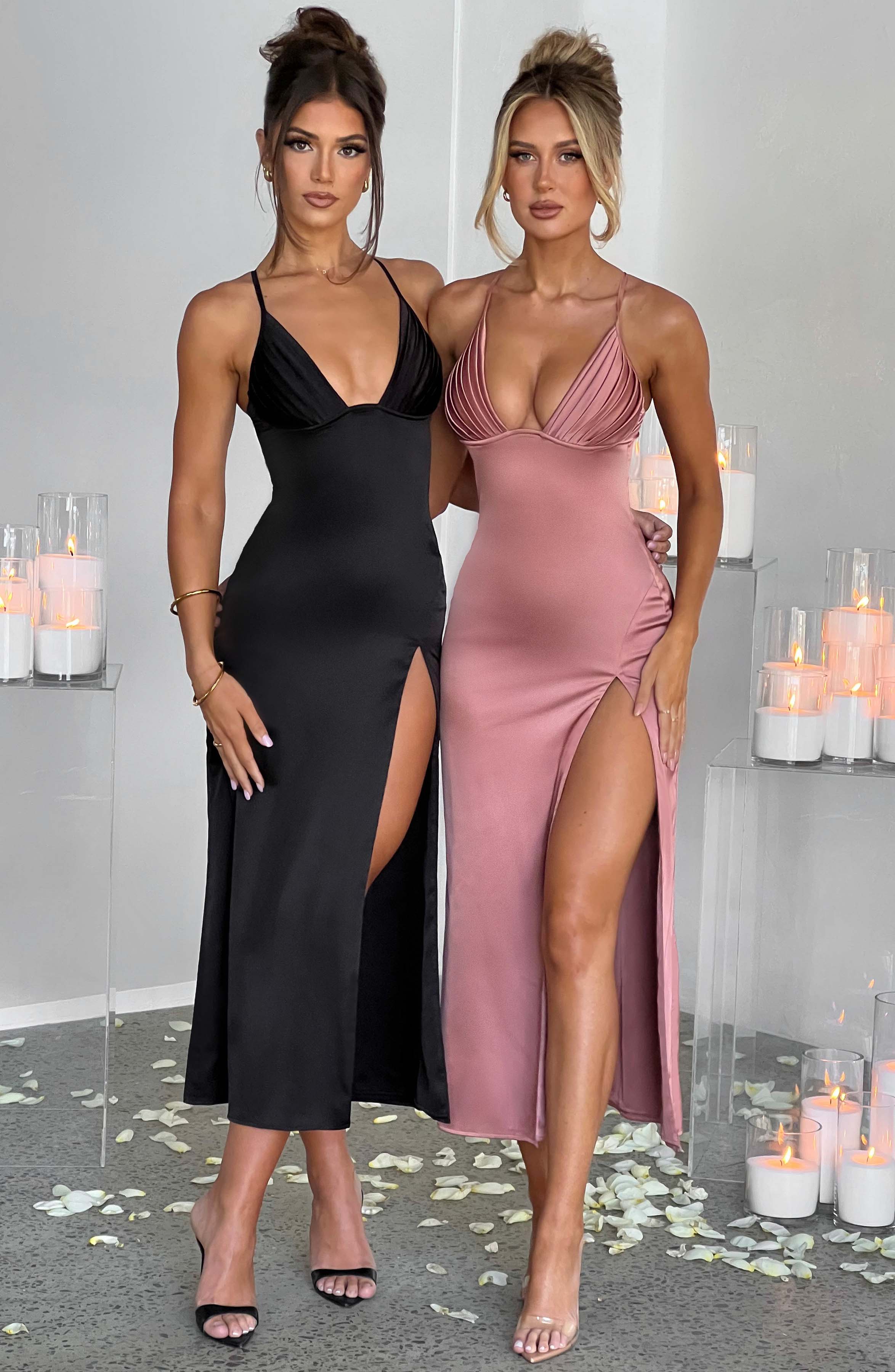 Rose Pink Cece Midi Dress with Plunge Neck & Thigh Split