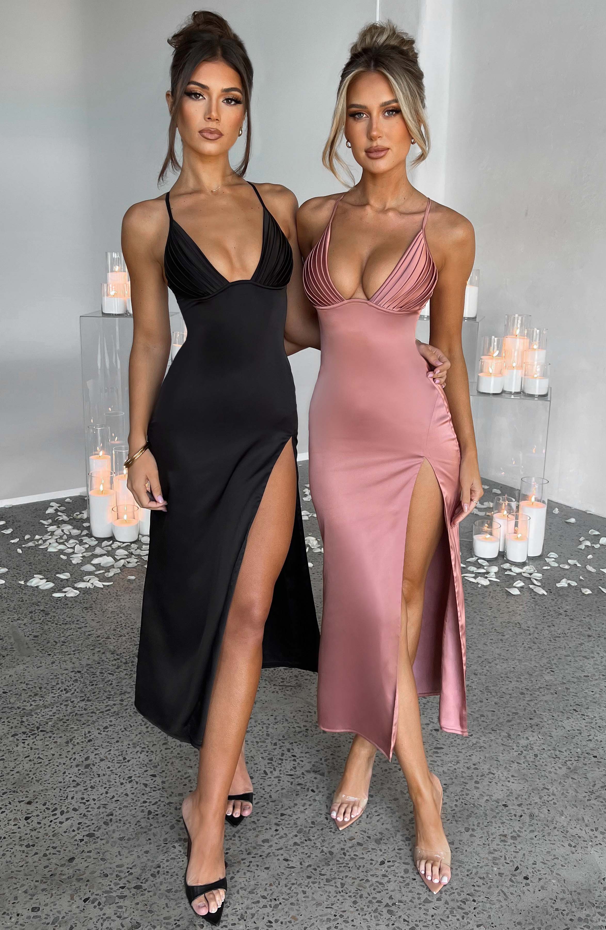 Rose Pink Cece Midi Dress with Plunge Neck & Thigh Split