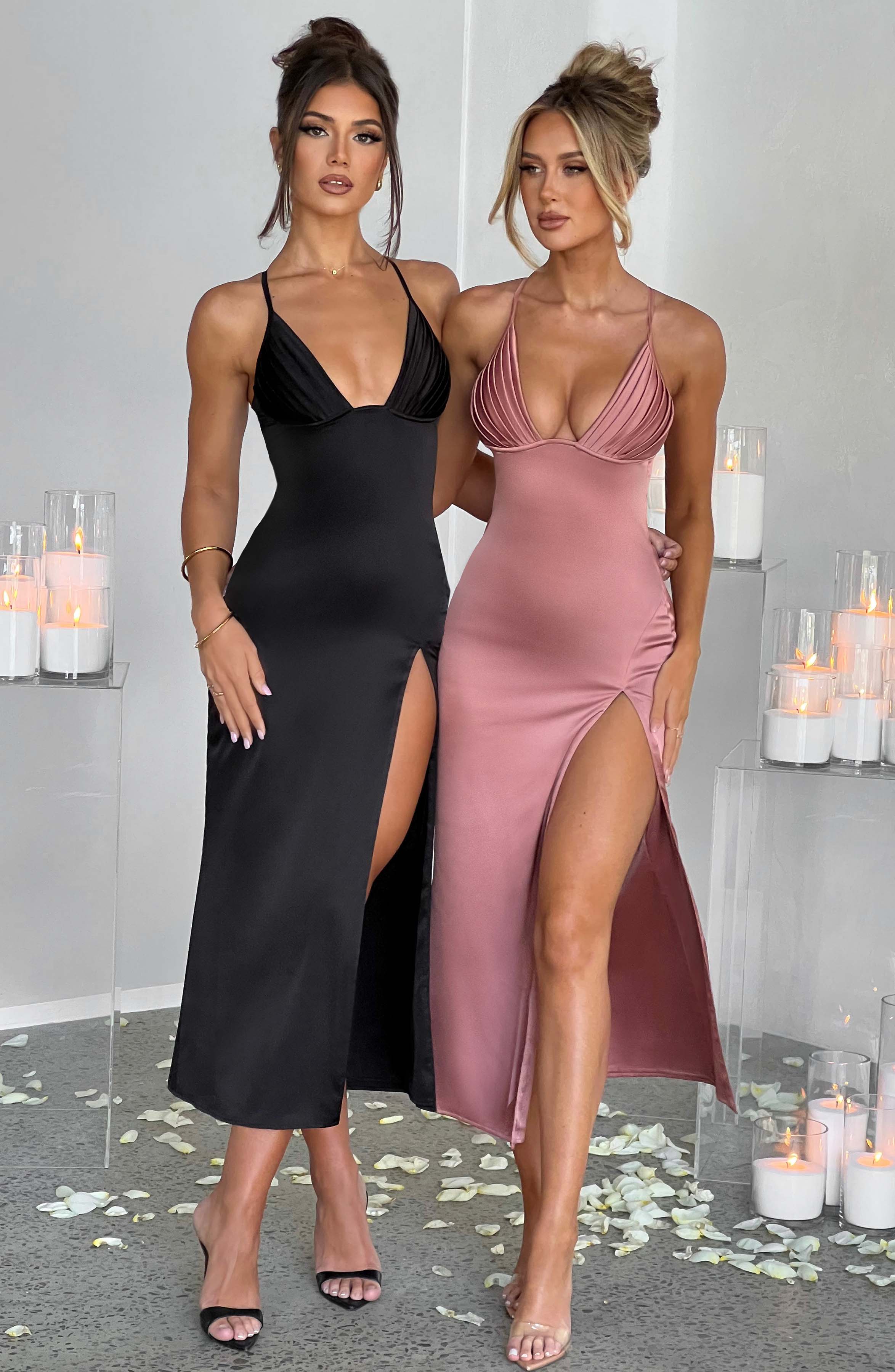 Rose Pink Cece Midi Dress with Plunge Neck & Thigh Split