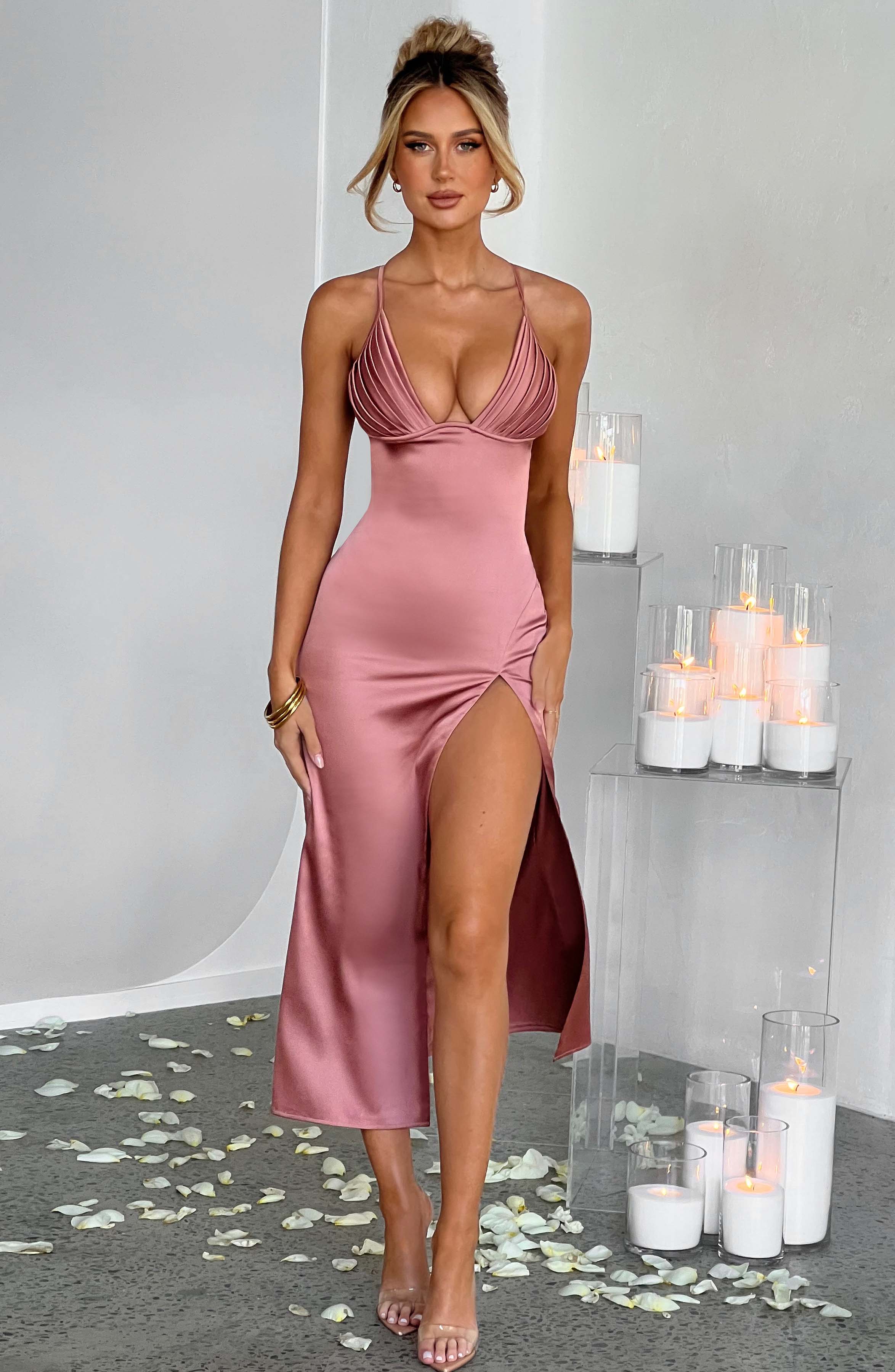 Rose Pink Cece Midi Dress with Plunge Neck & Thigh Split