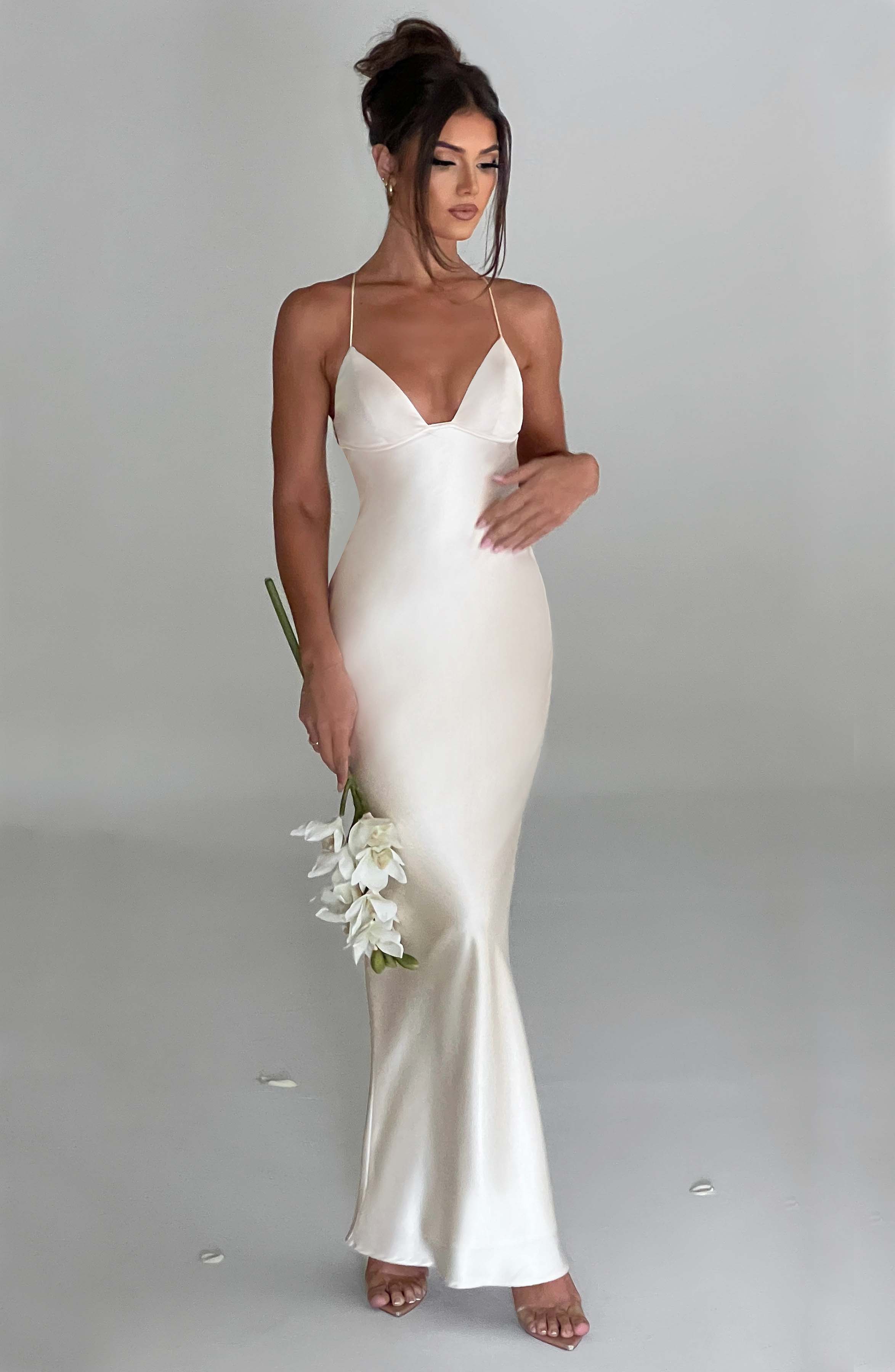 Fenty Ivory Satin Maxi Dress with Plunging Neckline & Low Back