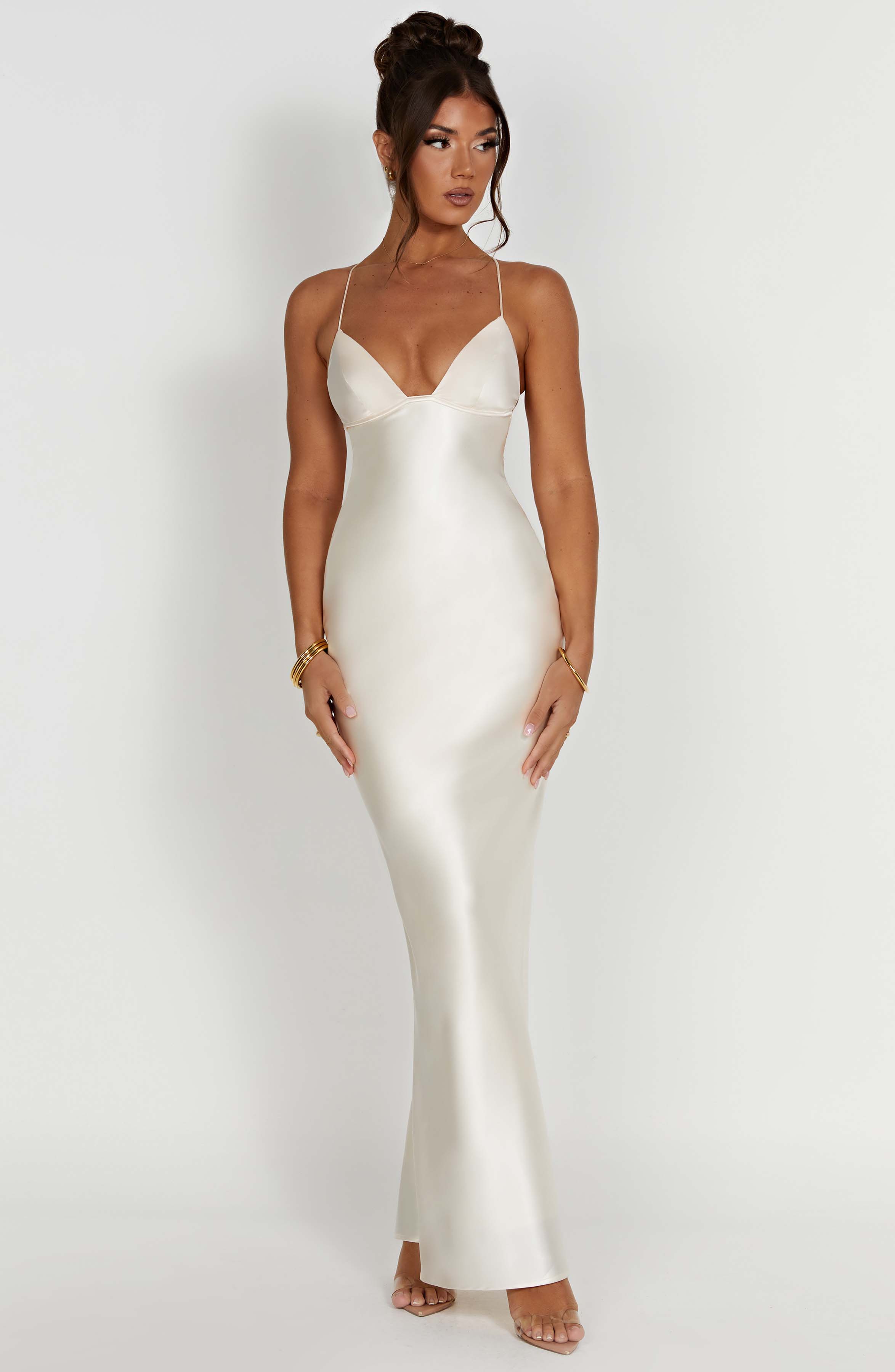 Fenty Ivory Satin Maxi Dress with Plunging Neckline & Low Back