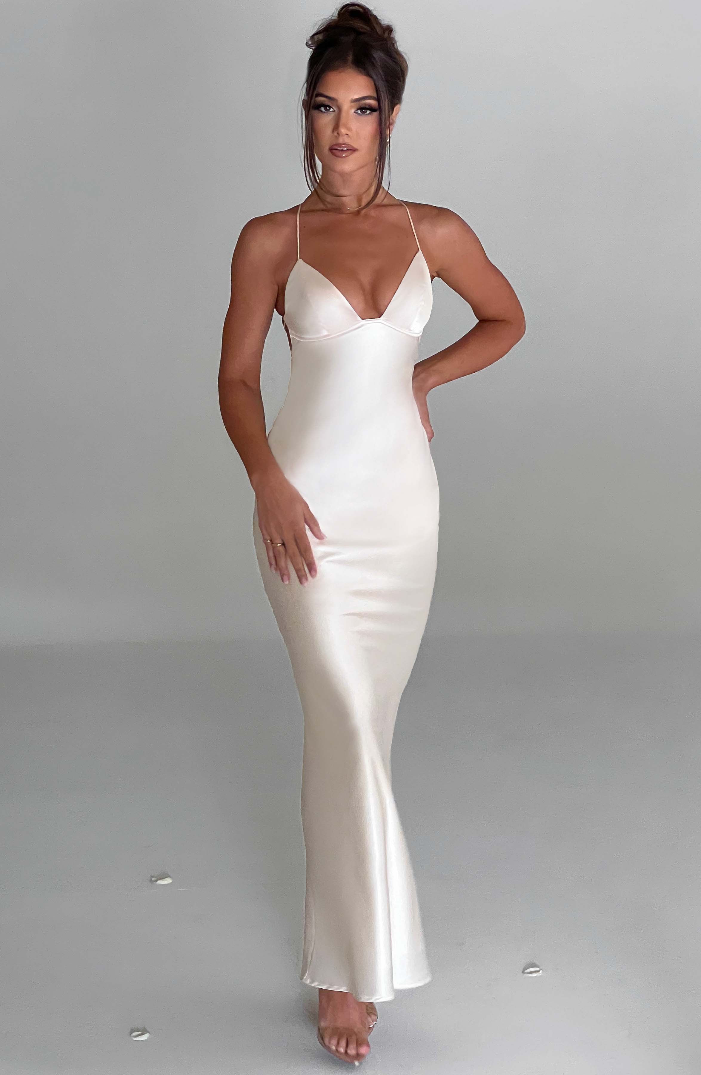 Fenty Ivory Satin Maxi Dress with Plunging Neckline & Low Back