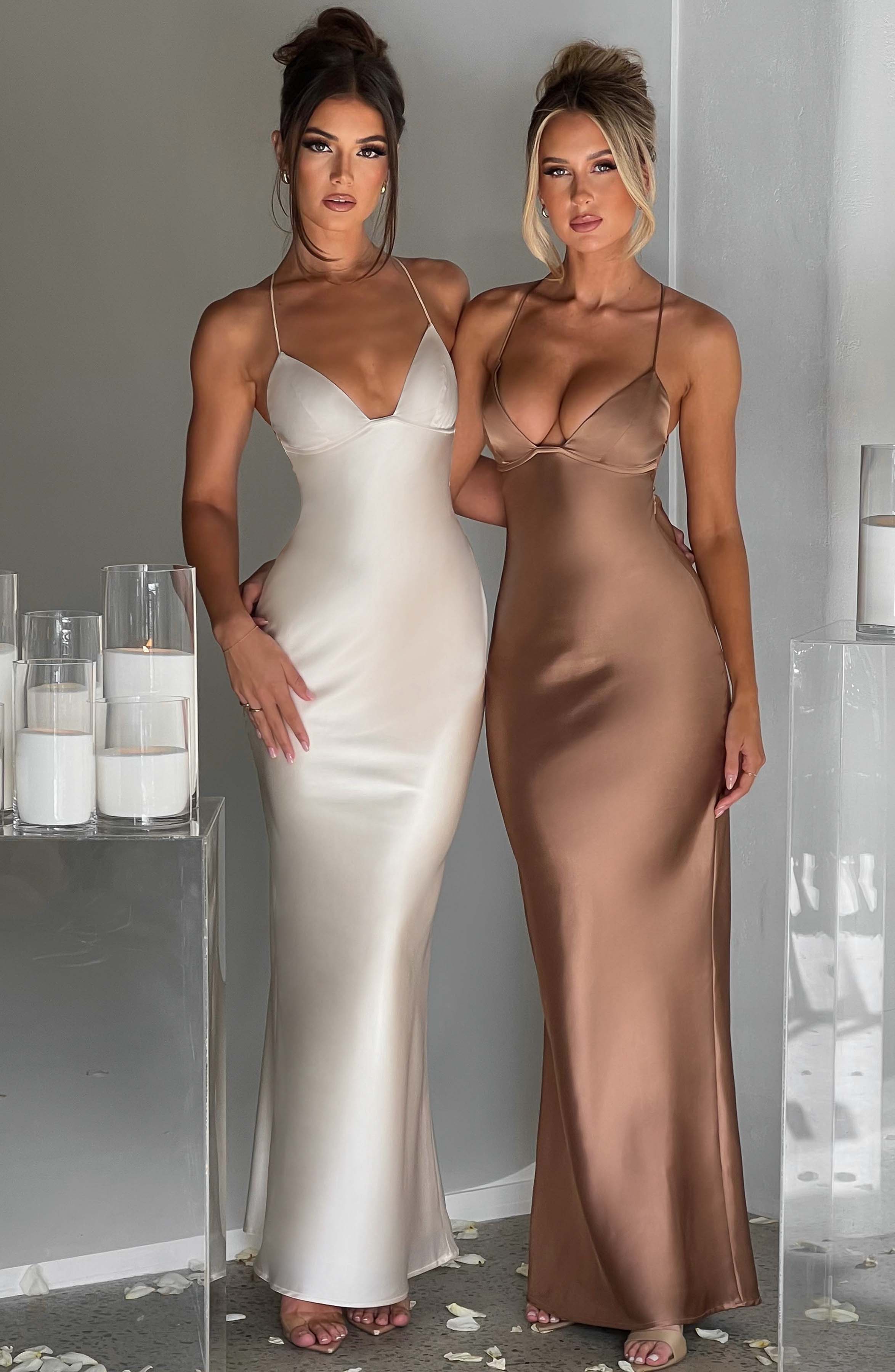 Fenty Ivory Satin Maxi Dress with Plunging Neckline & Low Back