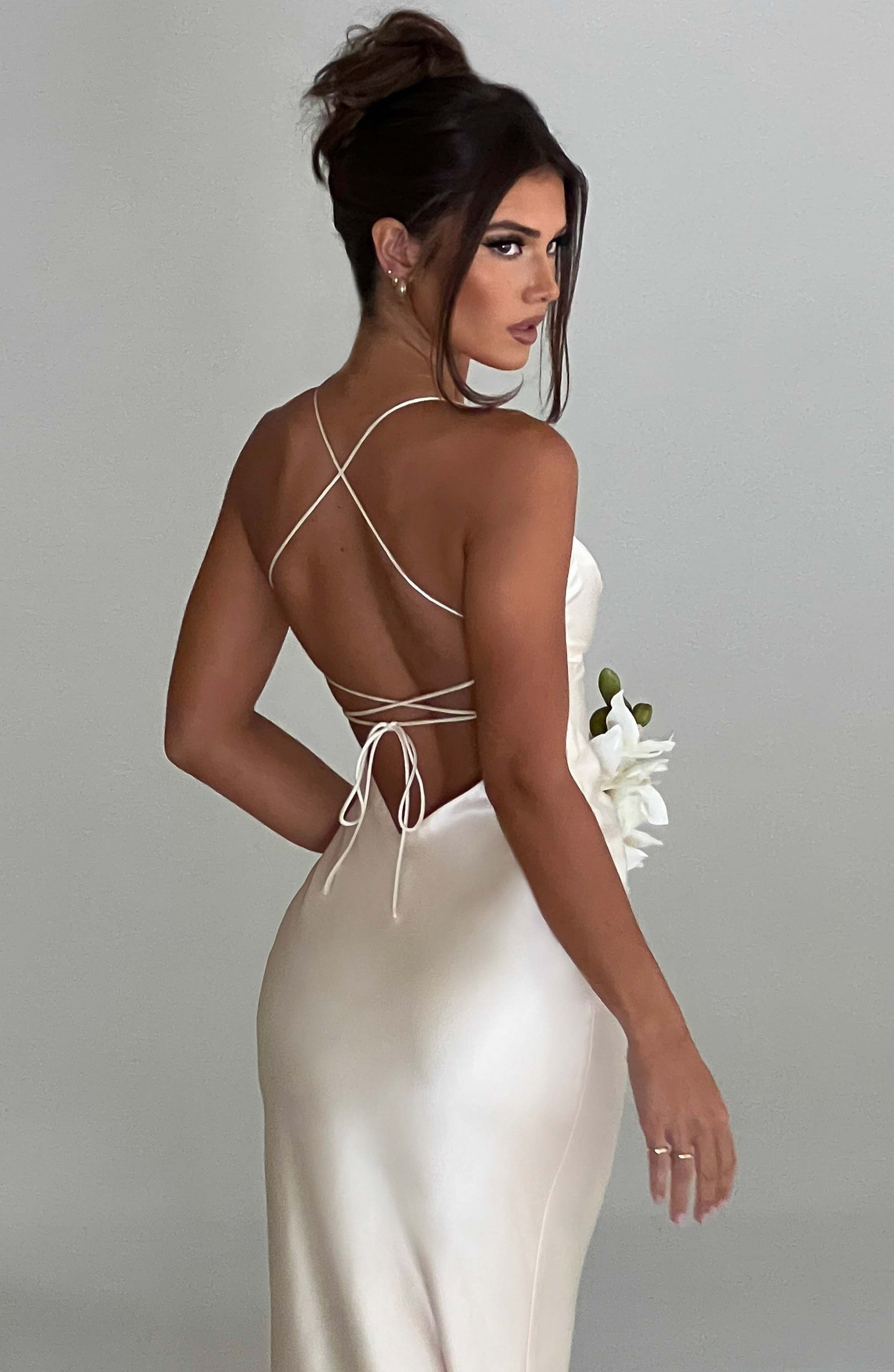 Fenty Ivory Satin Maxi Dress with Plunging Neckline & Low Back