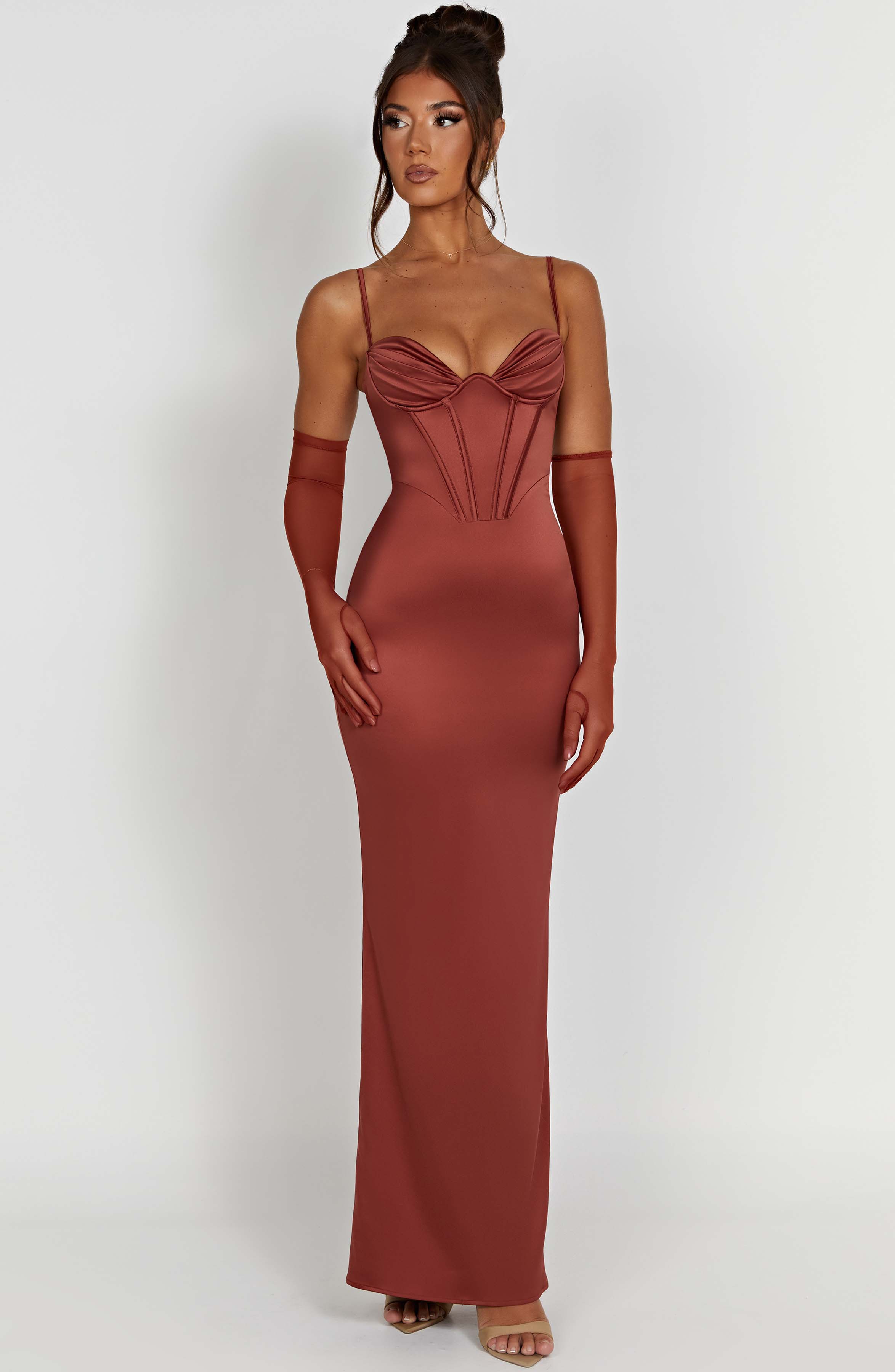Onika Corset Maxi Dress in Rust - Adjustable Straps & Snatched Fit
