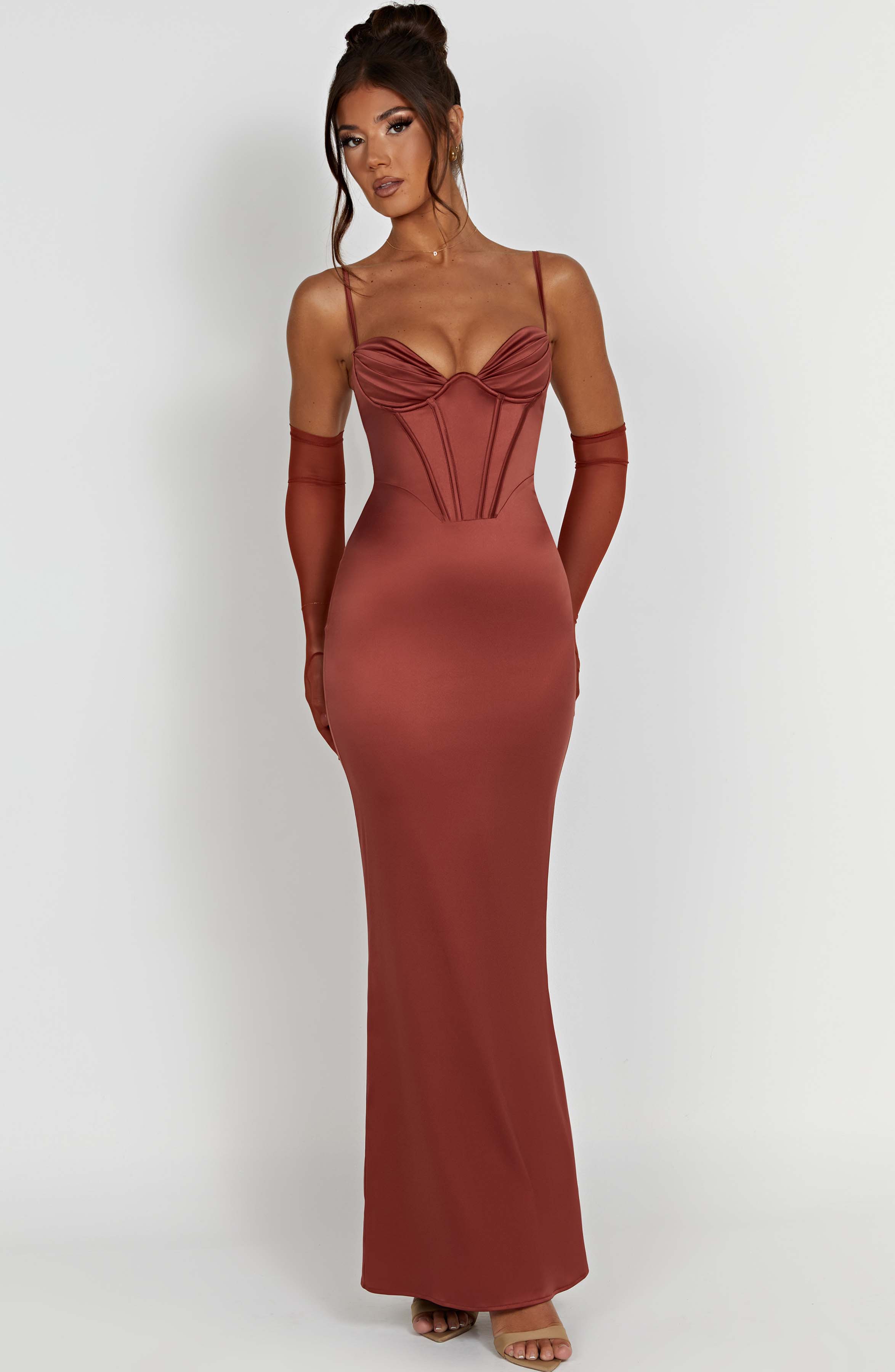 Onika Corset Maxi Dress in Rust - Adjustable Straps & Snatched Fit