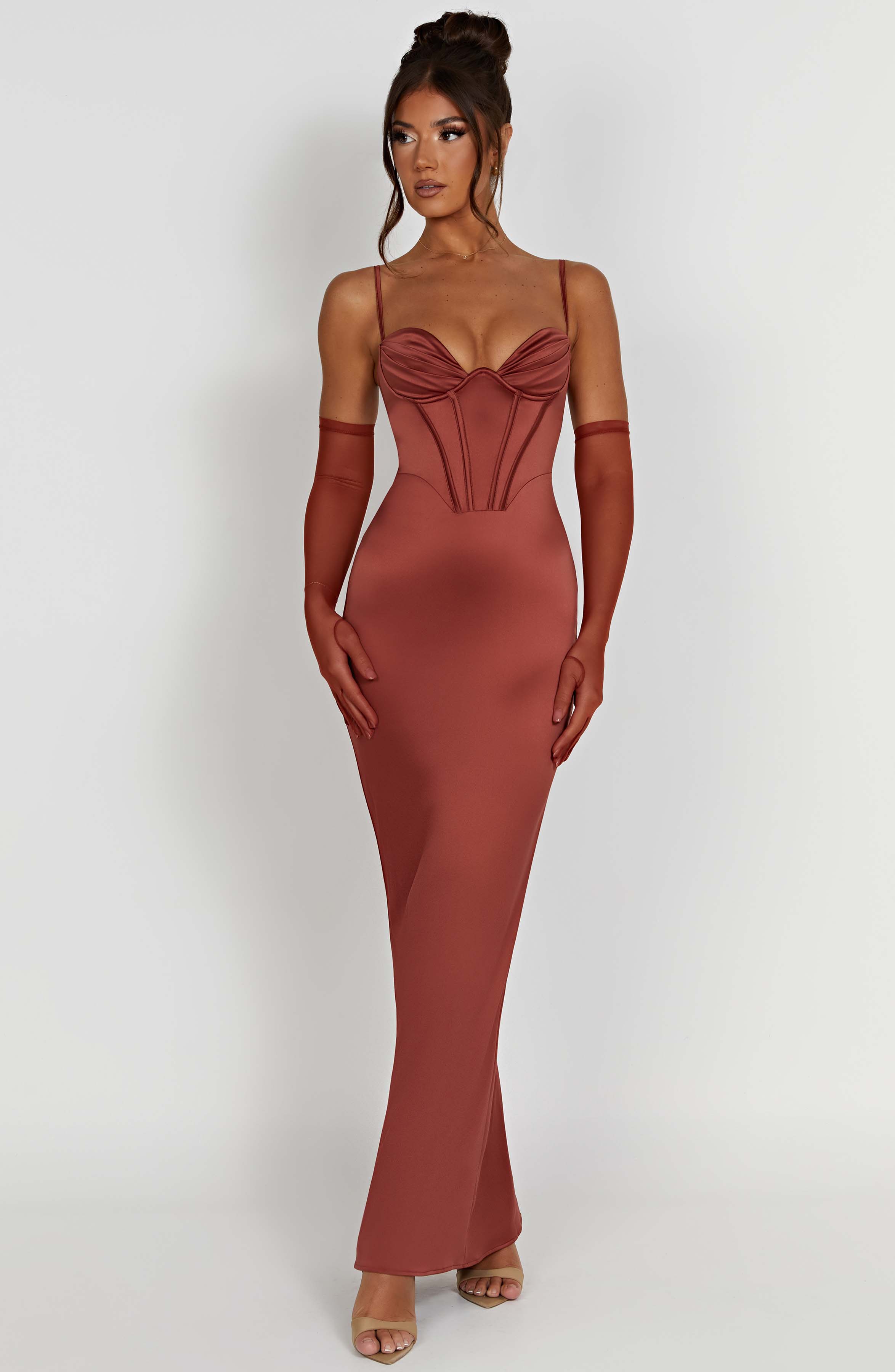 Onika Corset Maxi Dress in Rust - Adjustable Straps & Snatched Fit
