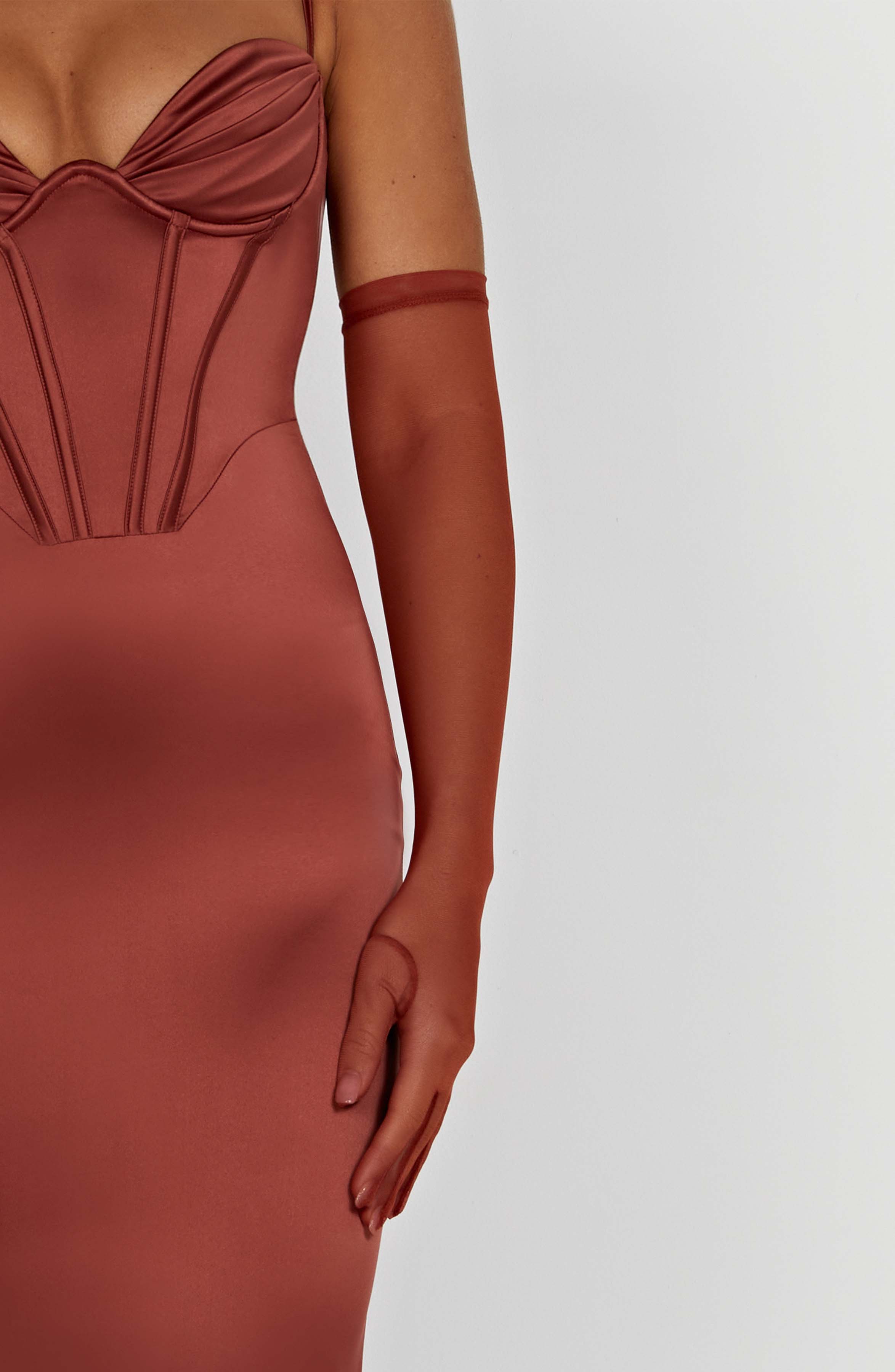 Onika Corset Maxi Dress in Rust - Adjustable Straps & Snatched Fit