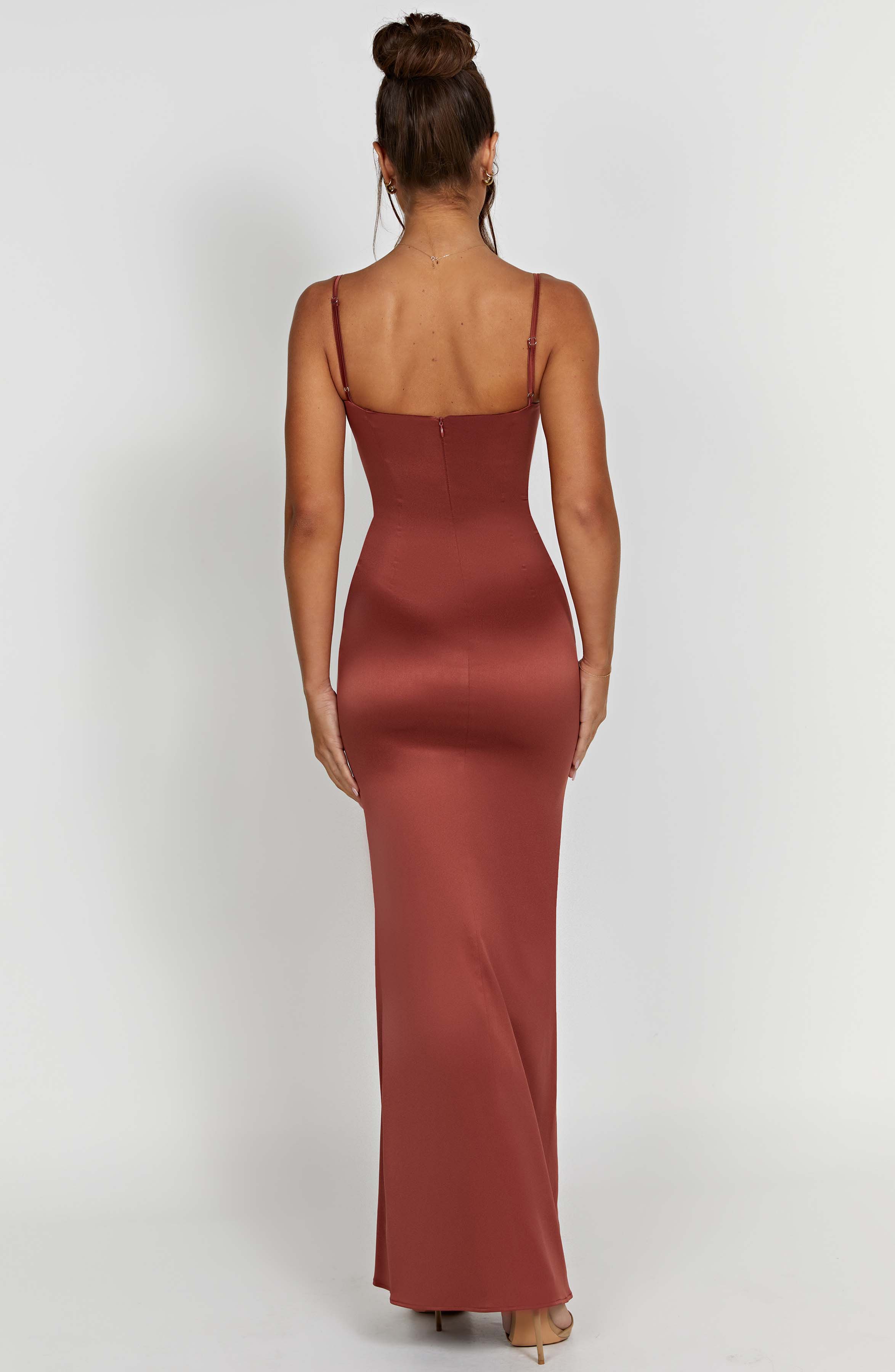 Onika Corset Maxi Dress in Rust - Adjustable Straps & Snatched Fit