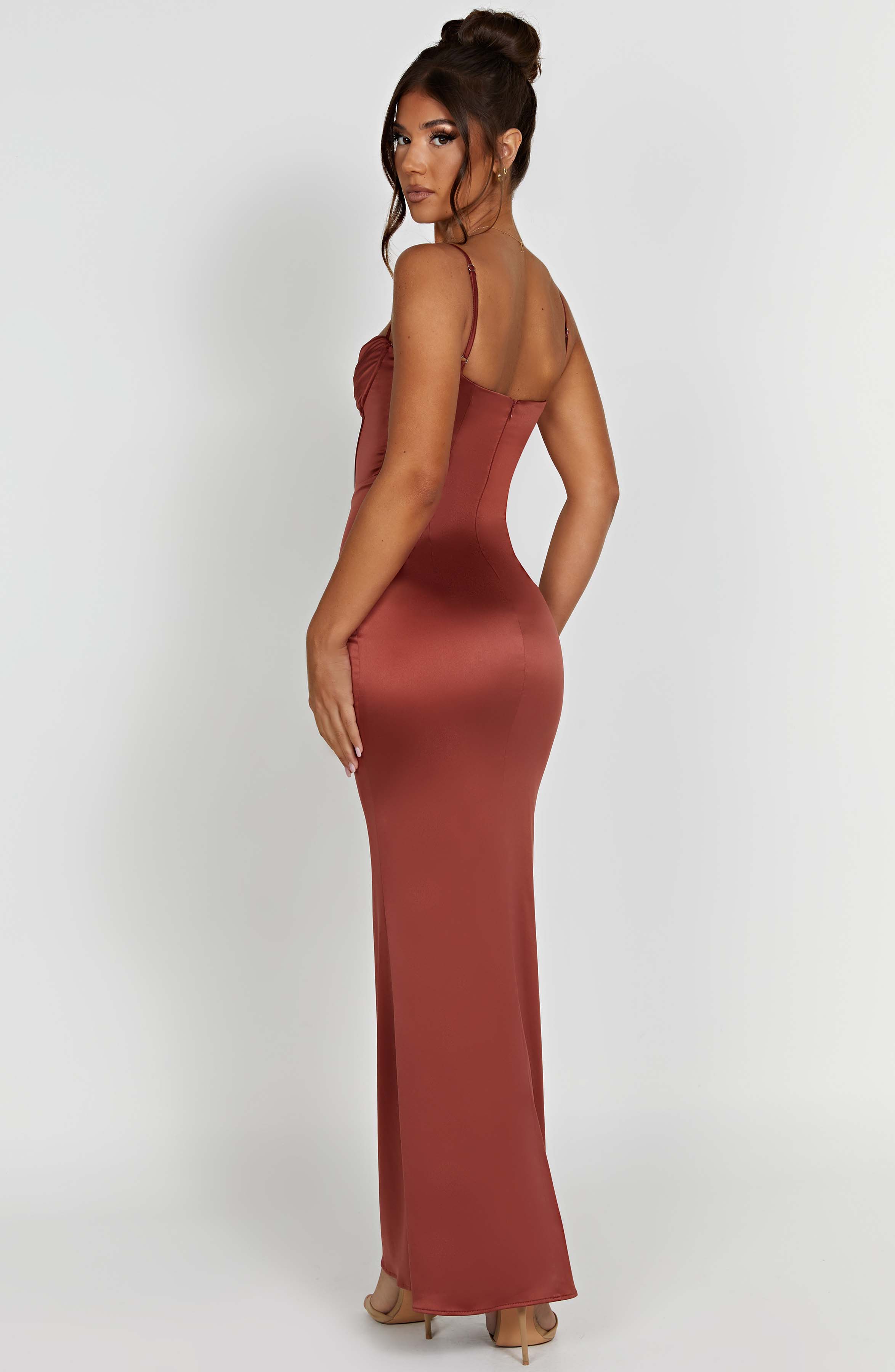 Onika Corset Maxi Dress in Rust - Adjustable Straps & Snatched Fit