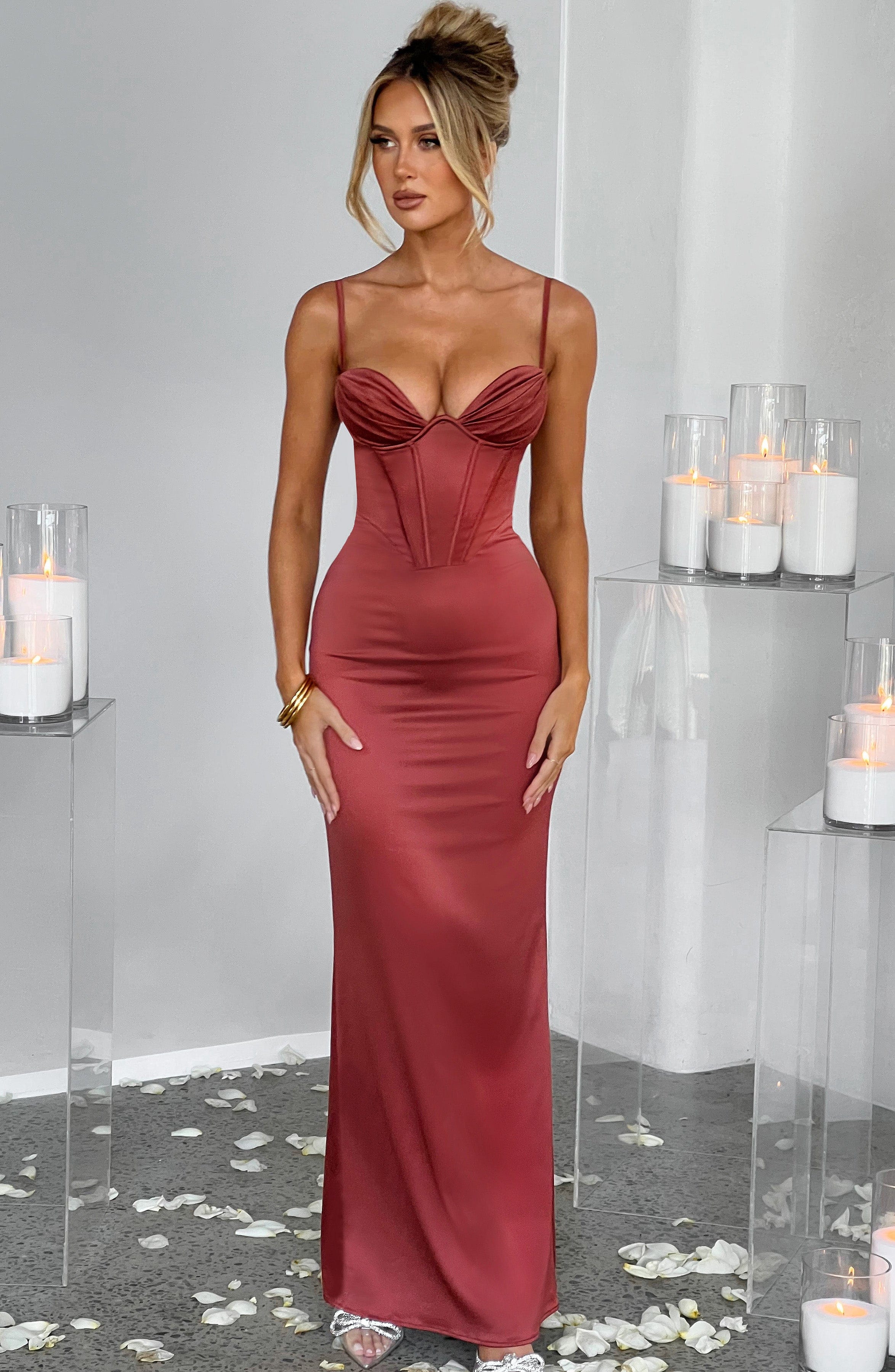 Onika Corset Maxi Dress in Rust - Adjustable Straps & Snatched Fit