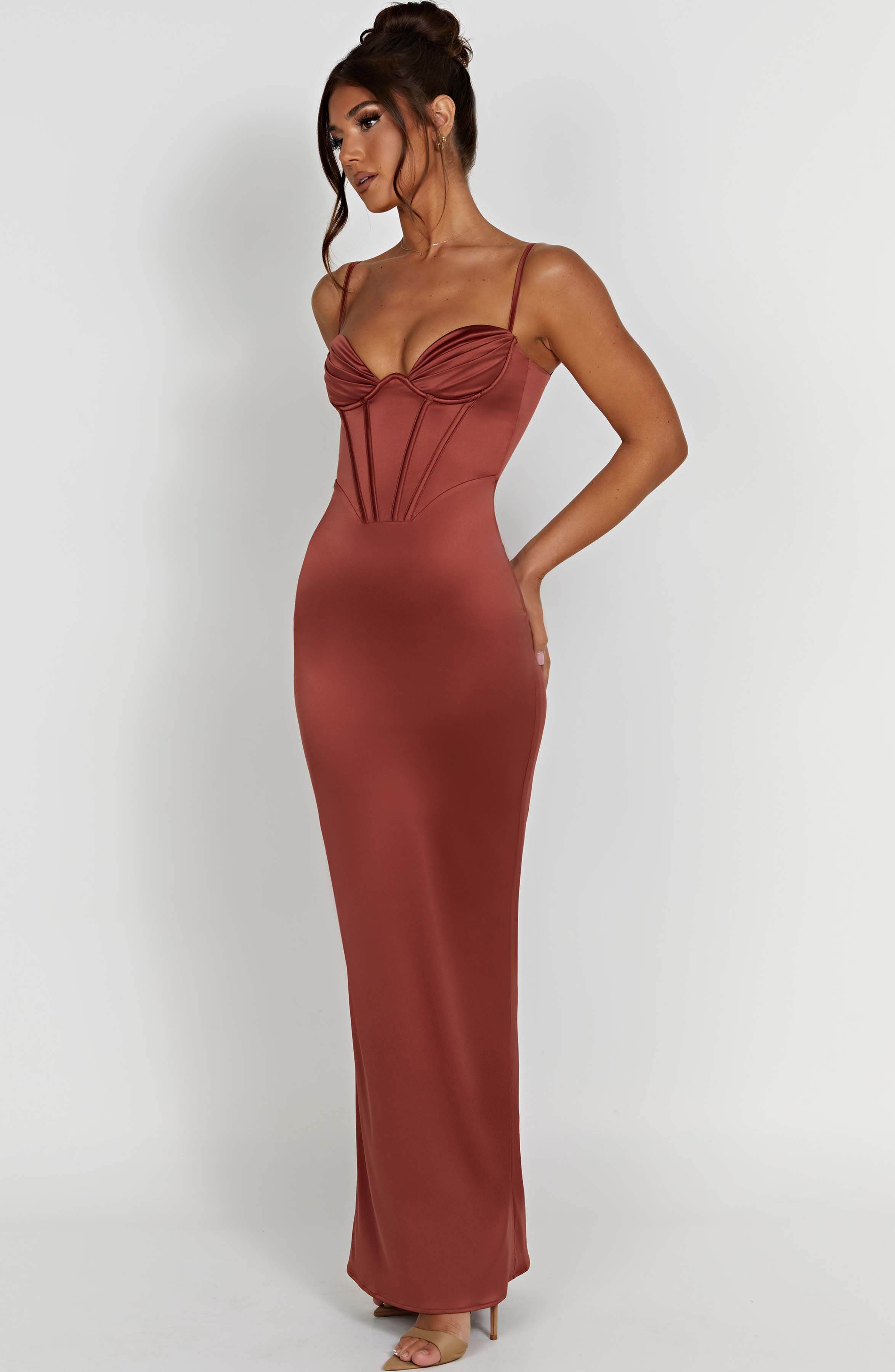 Onika Corset Maxi Dress in Rust - Adjustable Straps & Snatched Fit