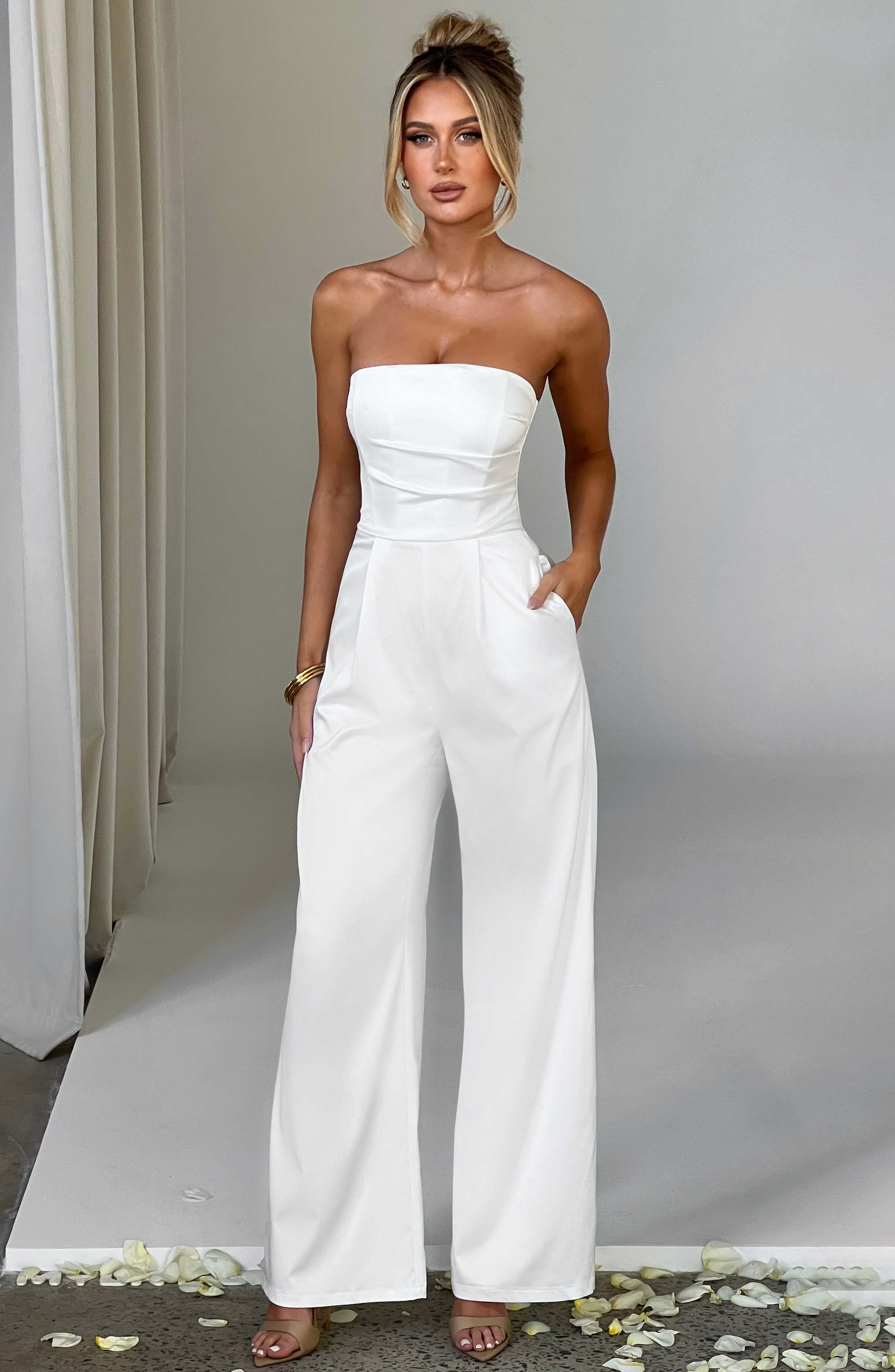 Martinez Ivory Strapless Satin Jumpsuit with Pockets