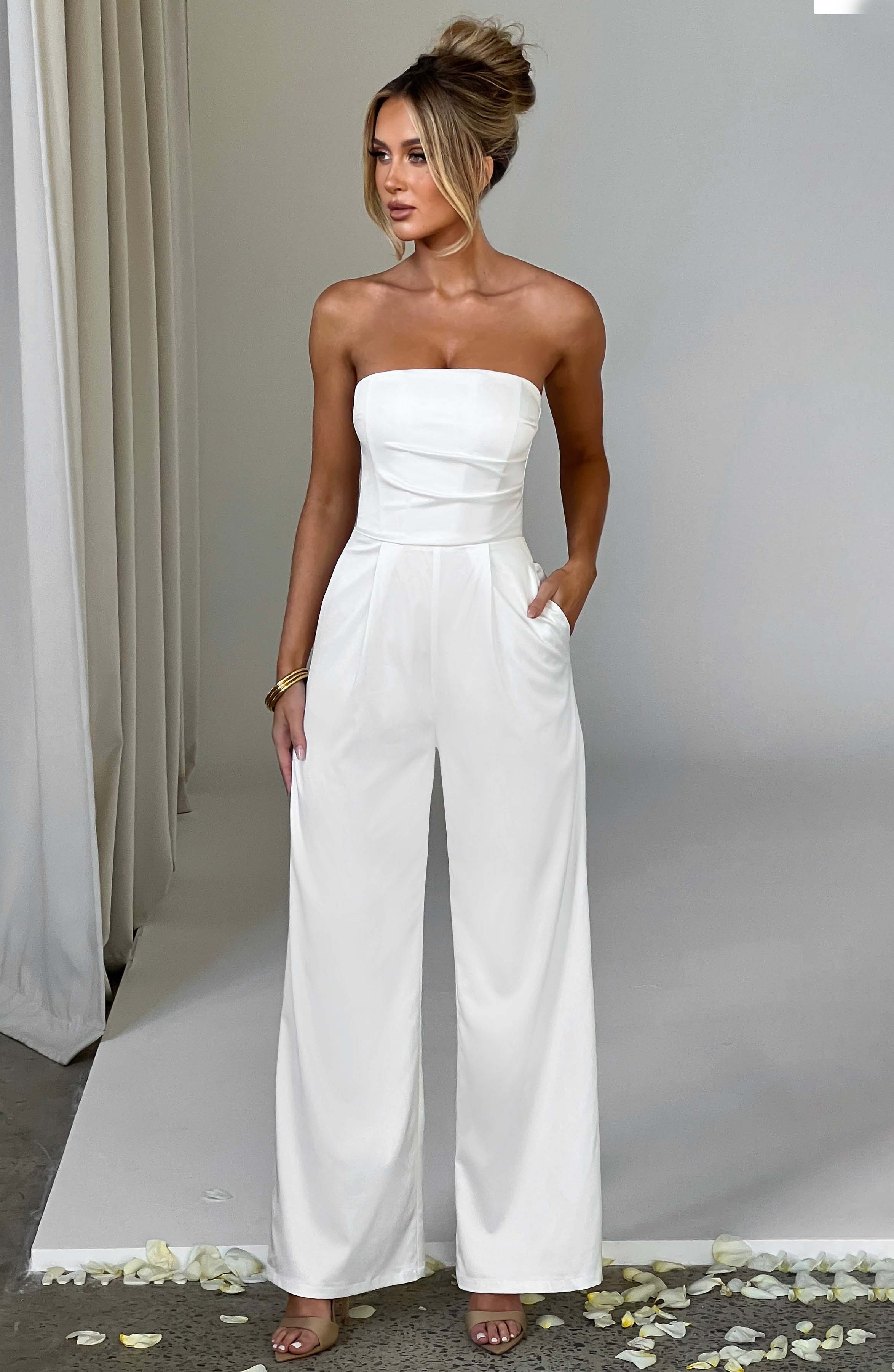 Martinez Ivory Strapless Satin Jumpsuit with Pockets