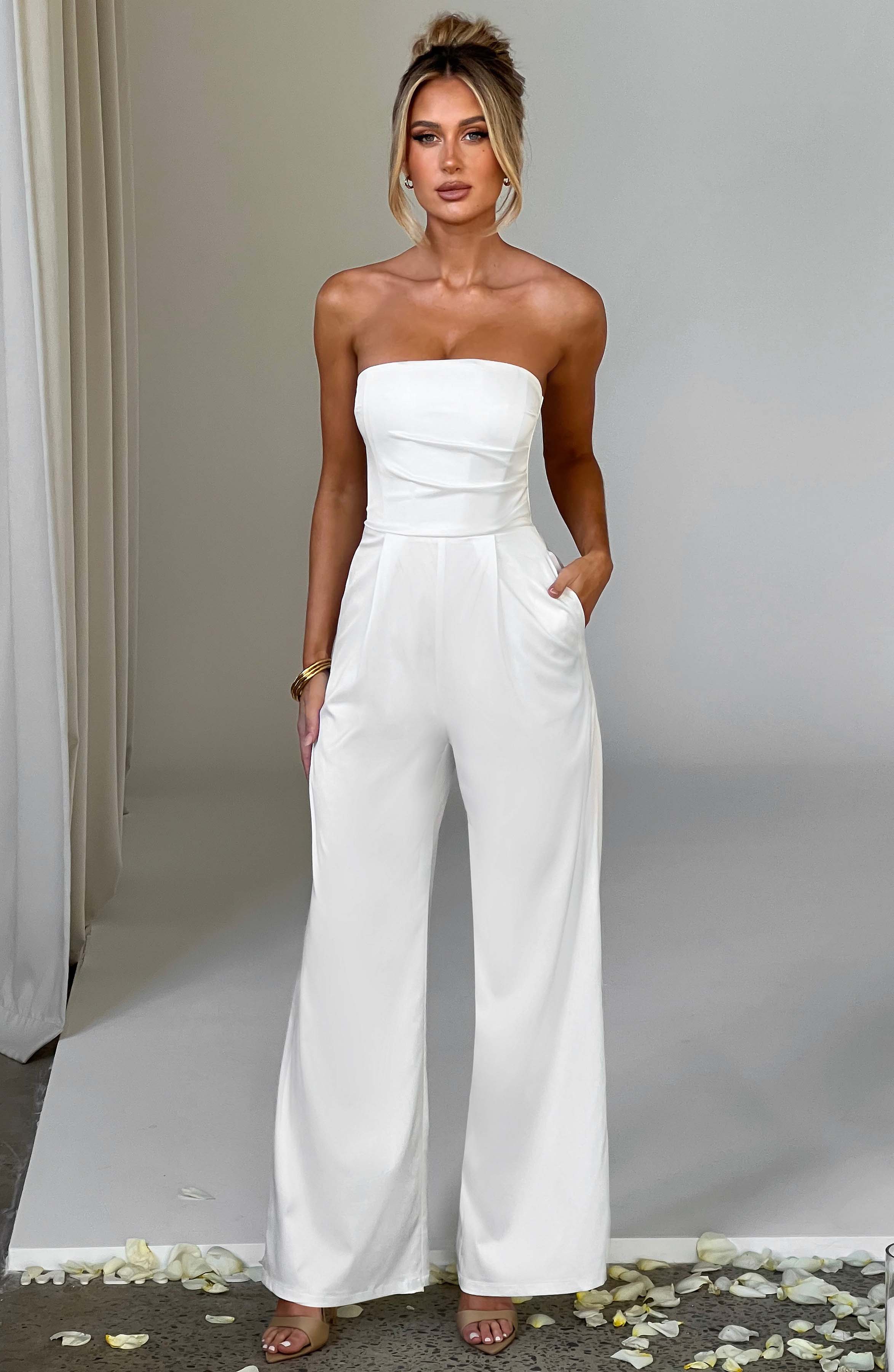 Martinez Ivory Strapless Satin Jumpsuit with Pockets