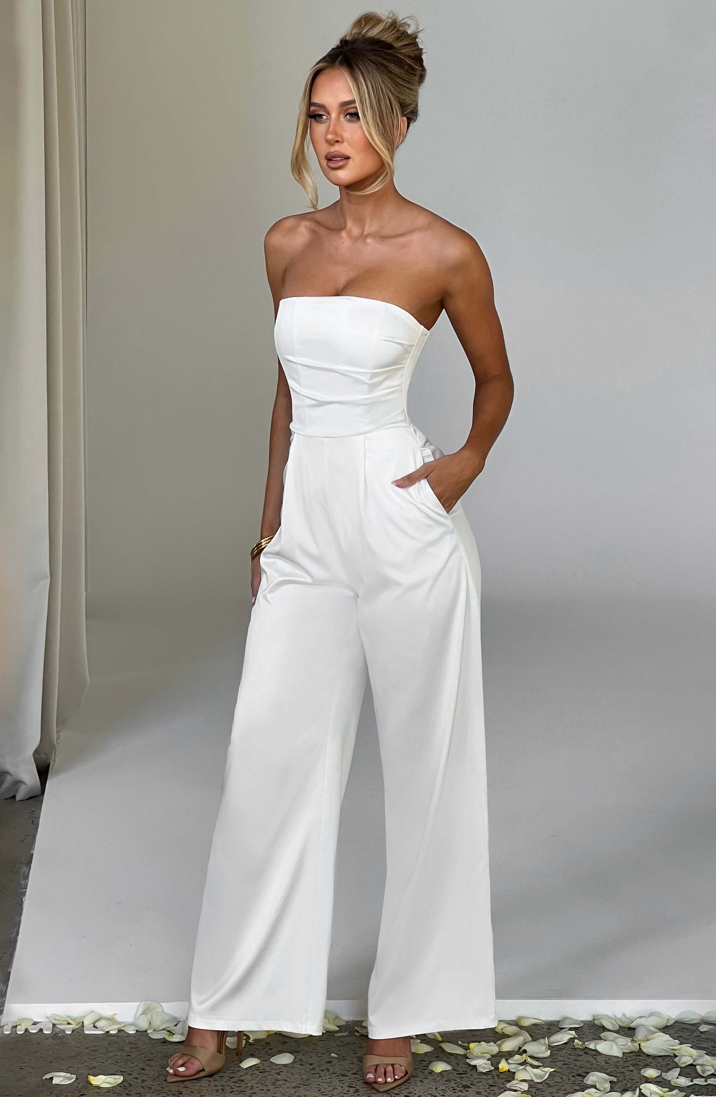 Martinez Ivory Strapless Satin Jumpsuit with Pockets