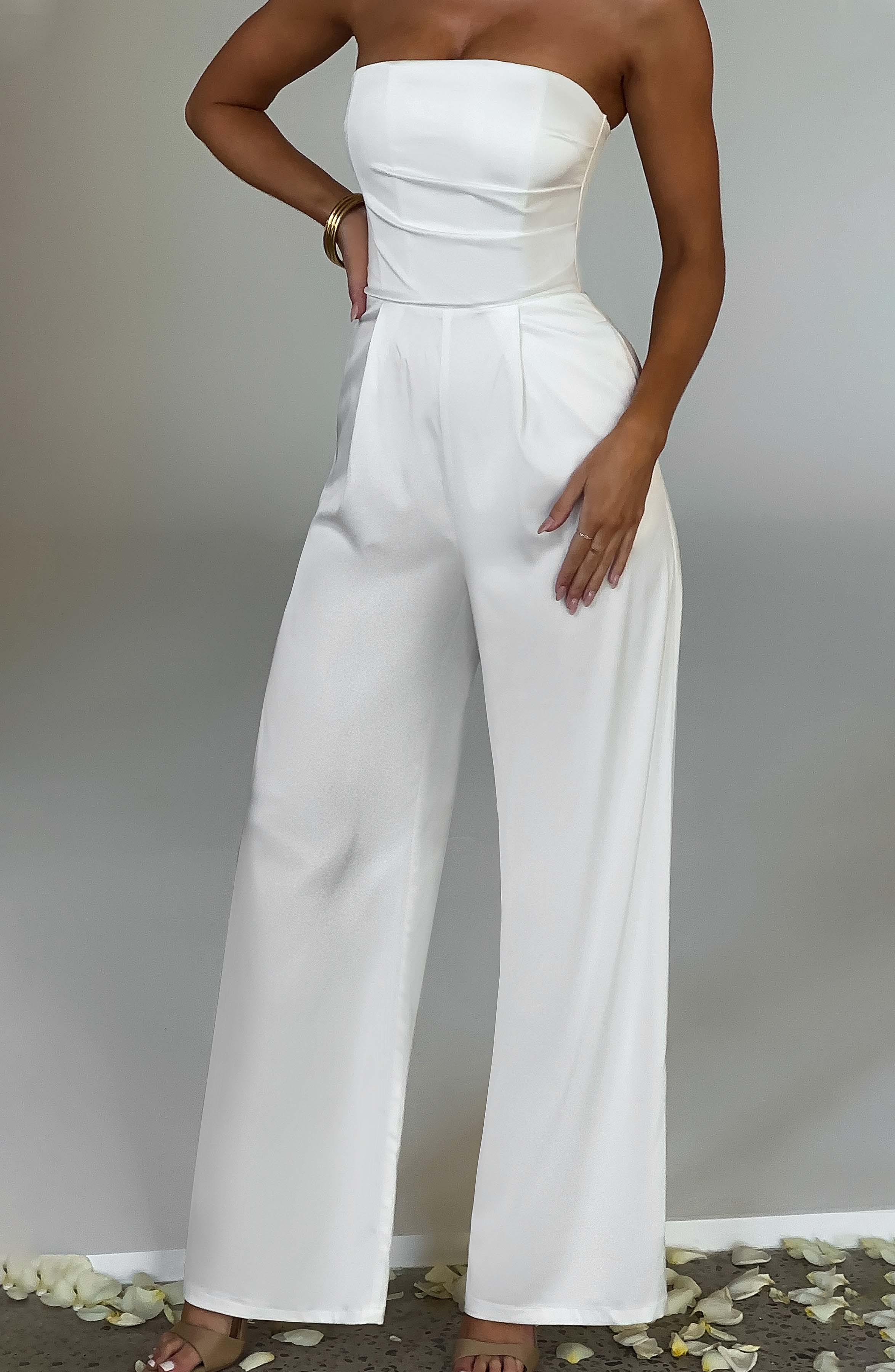 Martinez Ivory Strapless Satin Jumpsuit with Pockets
