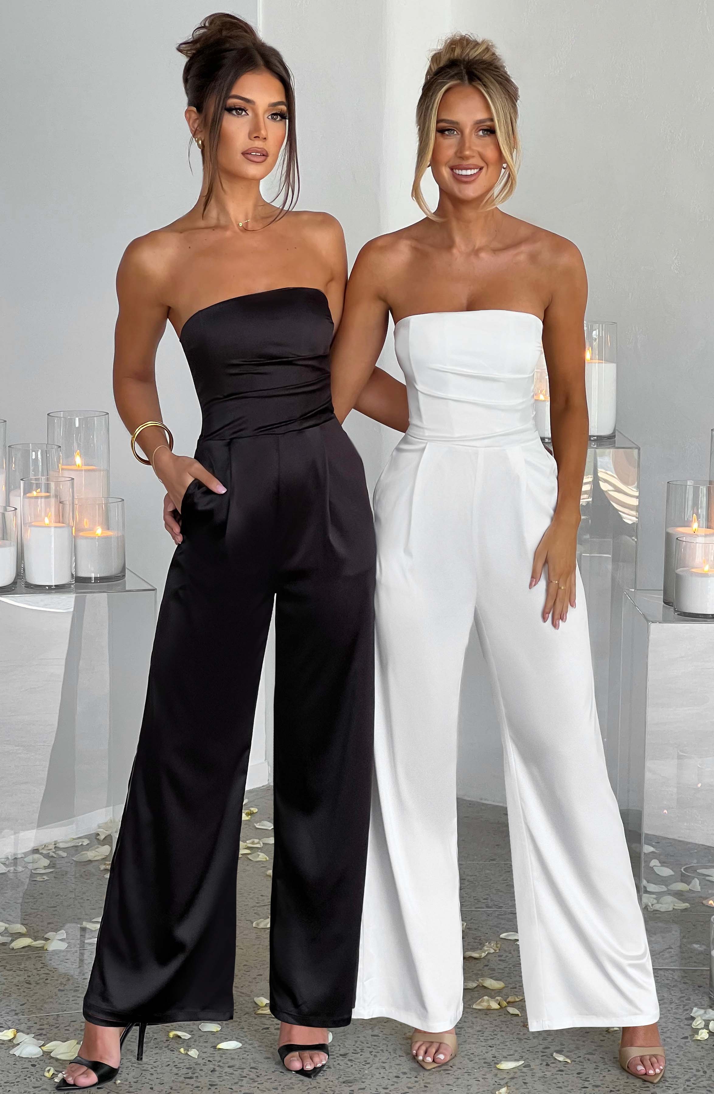 Martinez Ivory Strapless Satin Jumpsuit with Pockets